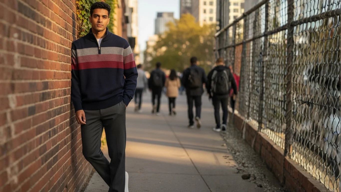 Man leaning against a brick wall on a city sidewalk with people walking in the background