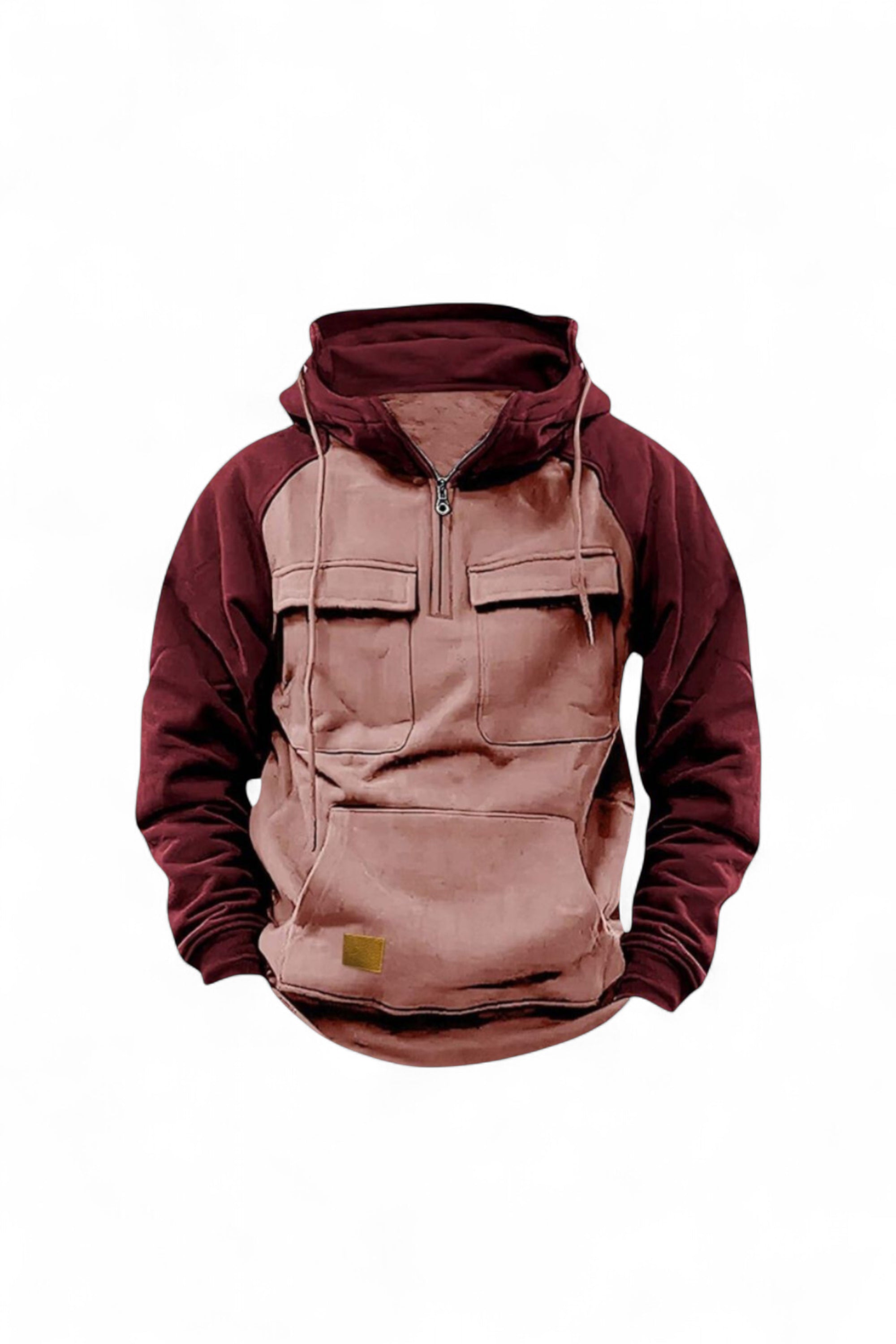 Maroon and beige hoodie on a white background