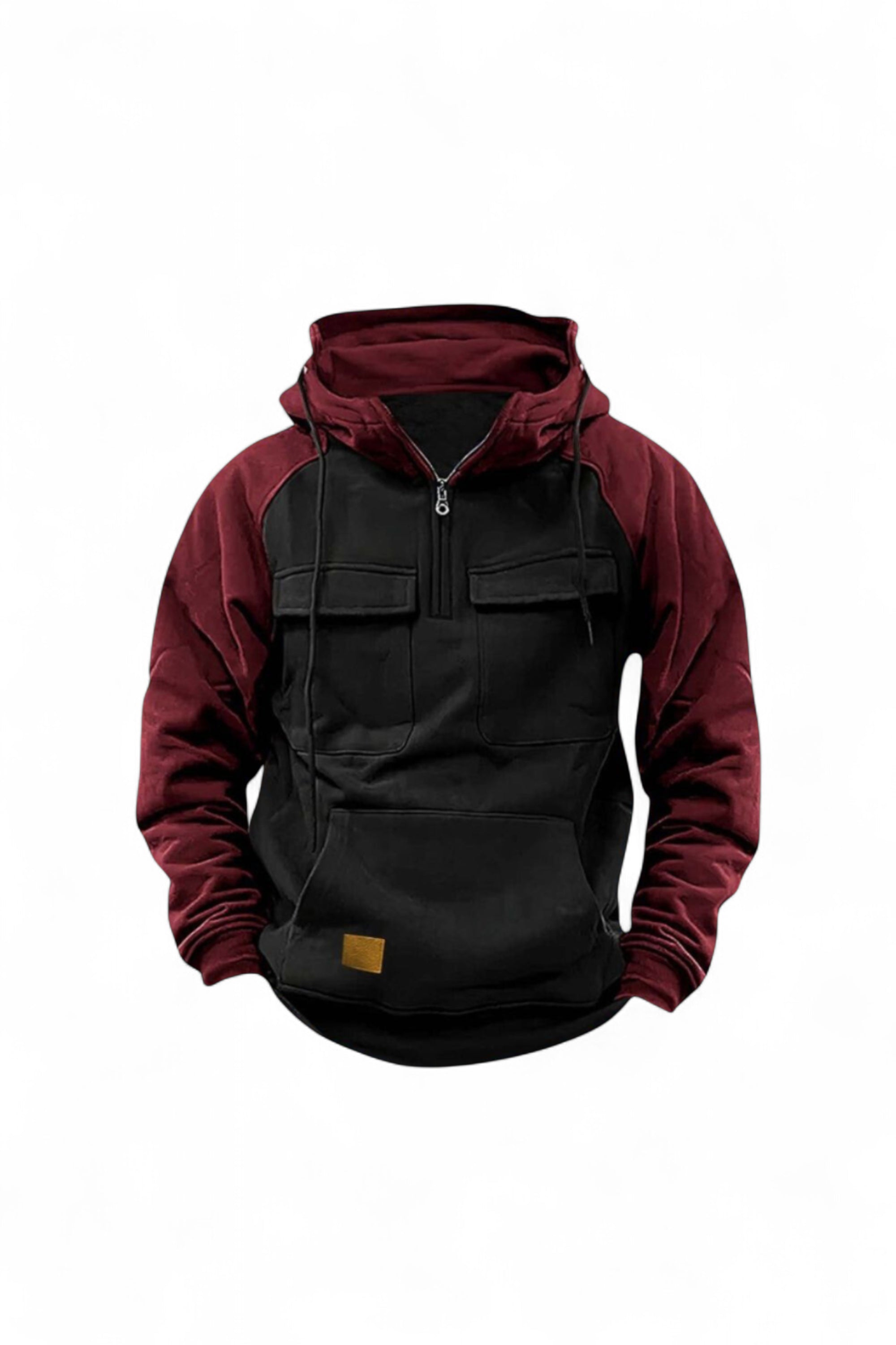 Two-tone maroon and black hoodie on a white background