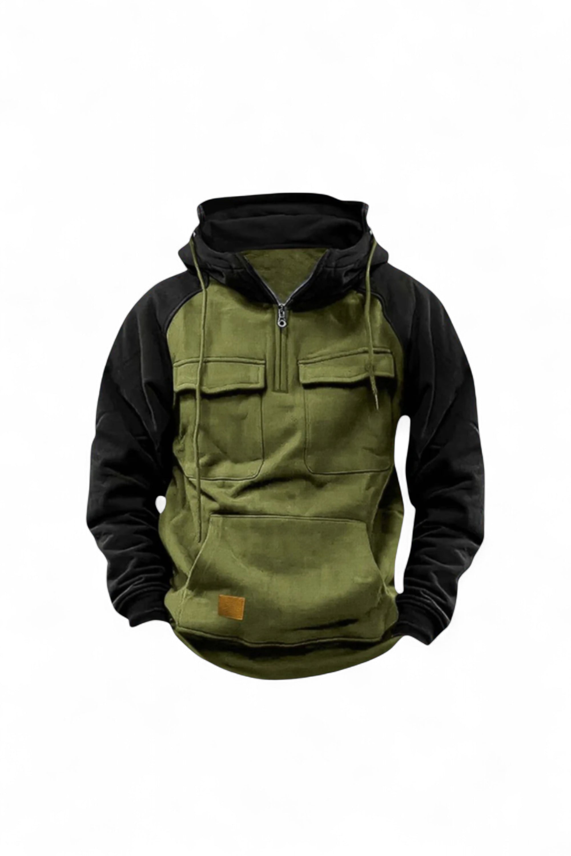Green and black hoodie with a pocket on a white background