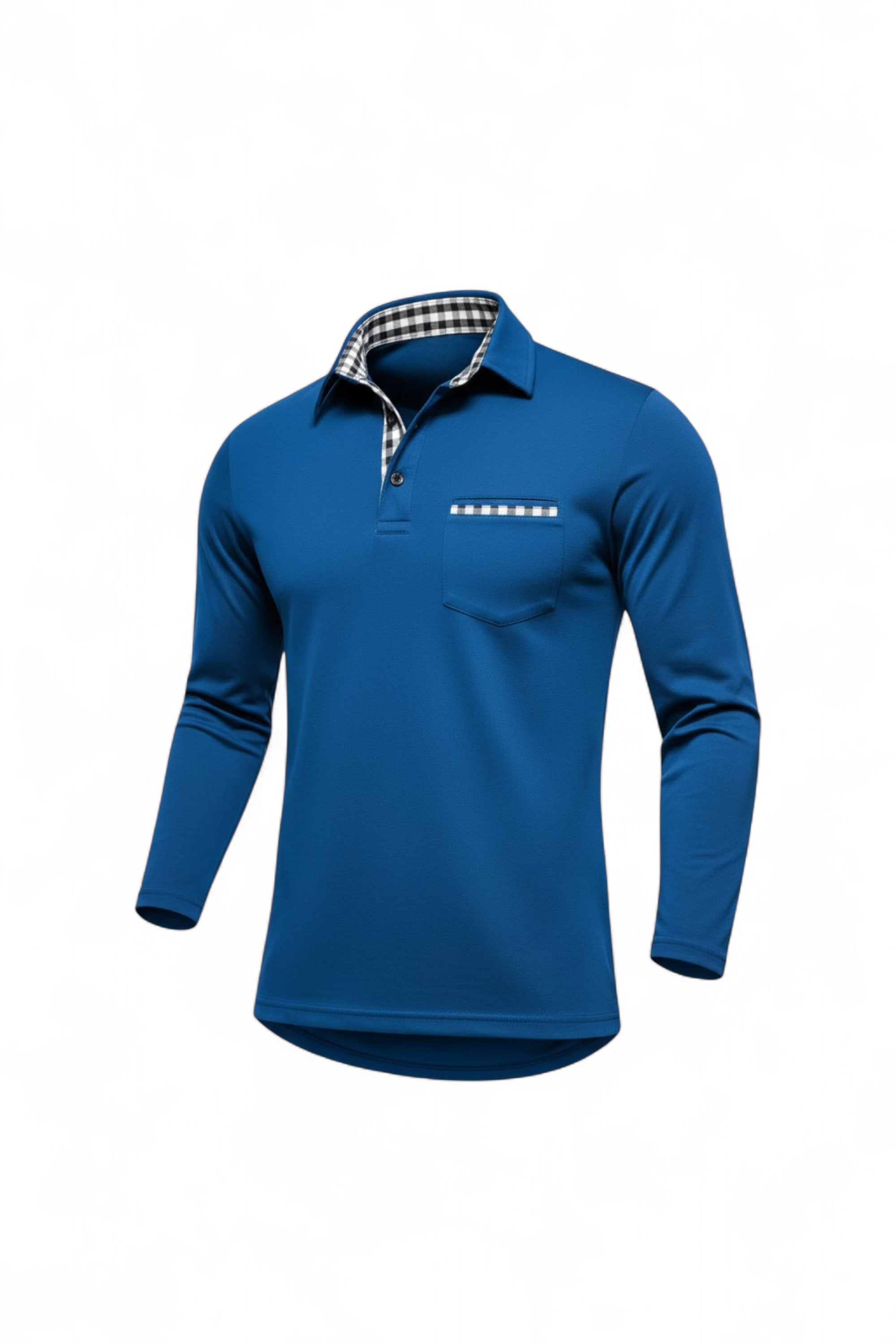Blue long-sleeve polo shirt with a checkered collar on a white background