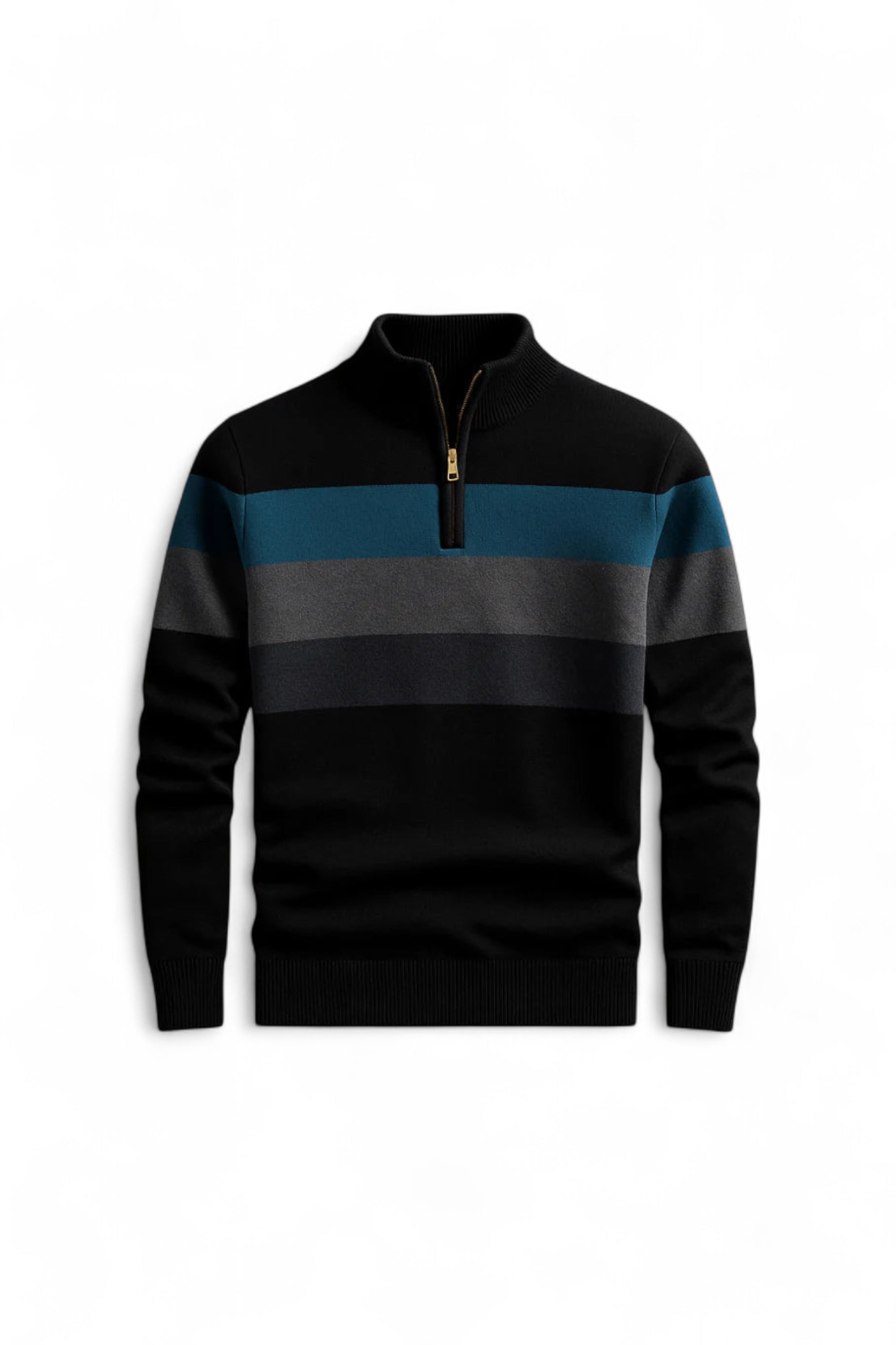 Black and blue striped sweater with a quarter zip on a white background