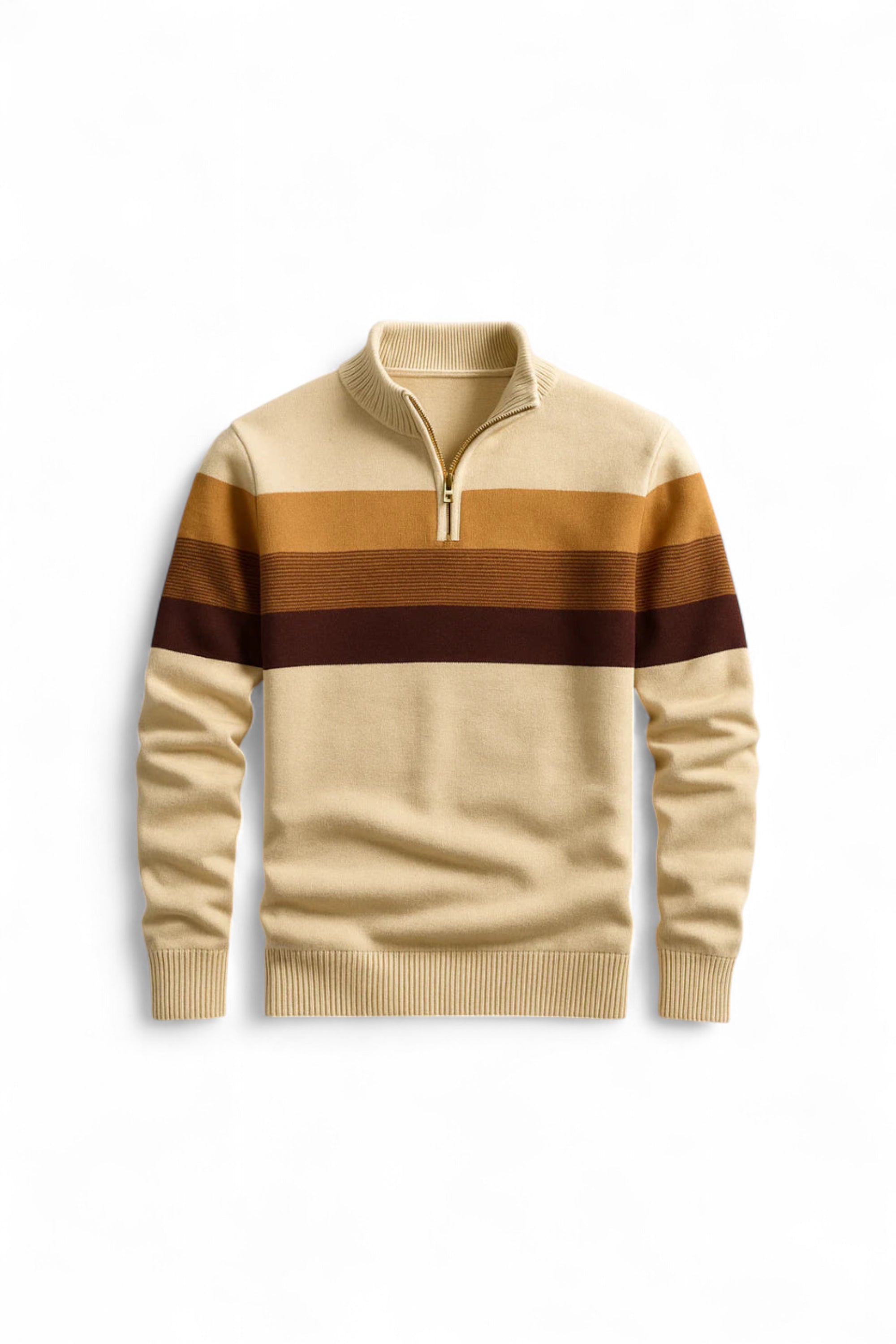 Beige sweater with brown stripes on a white background