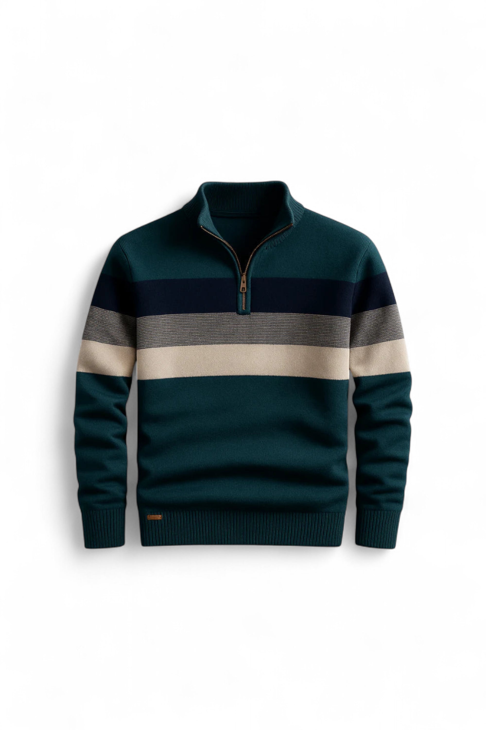 Striped sweater with green, beige, and navy colors on a white background