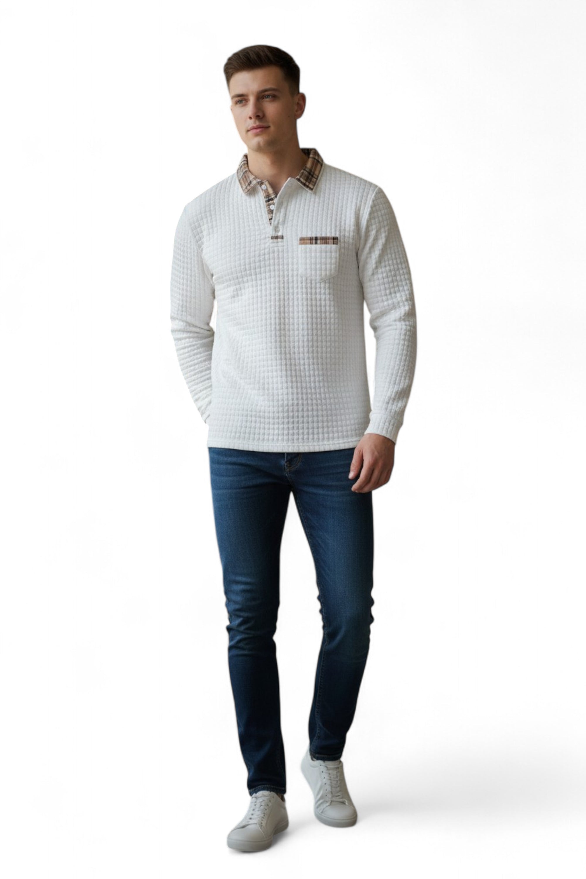 Man wearing a white checkered shirt with a logo and blue jeans on a white background