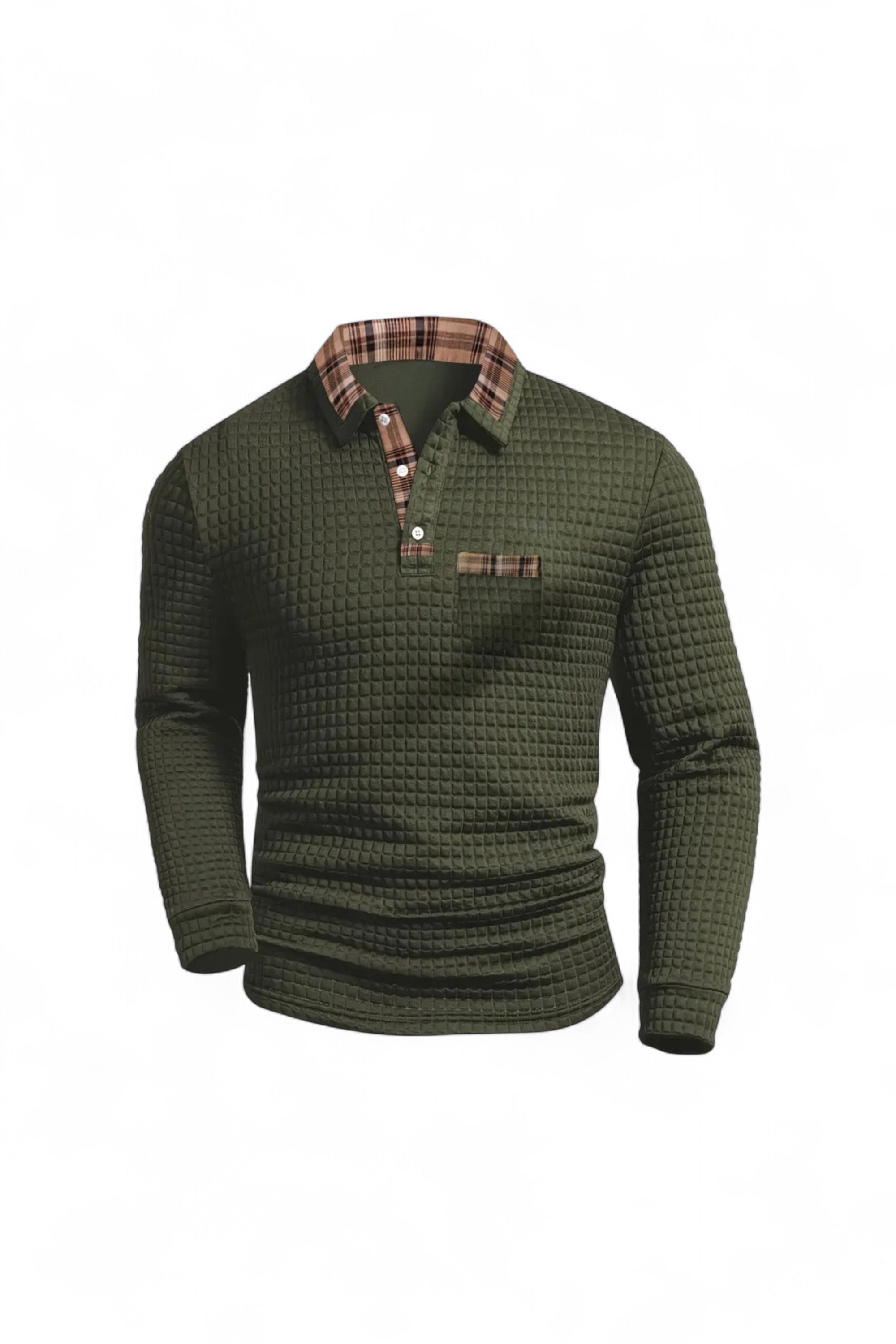 Green checkered shirt with plaid collar on a white background