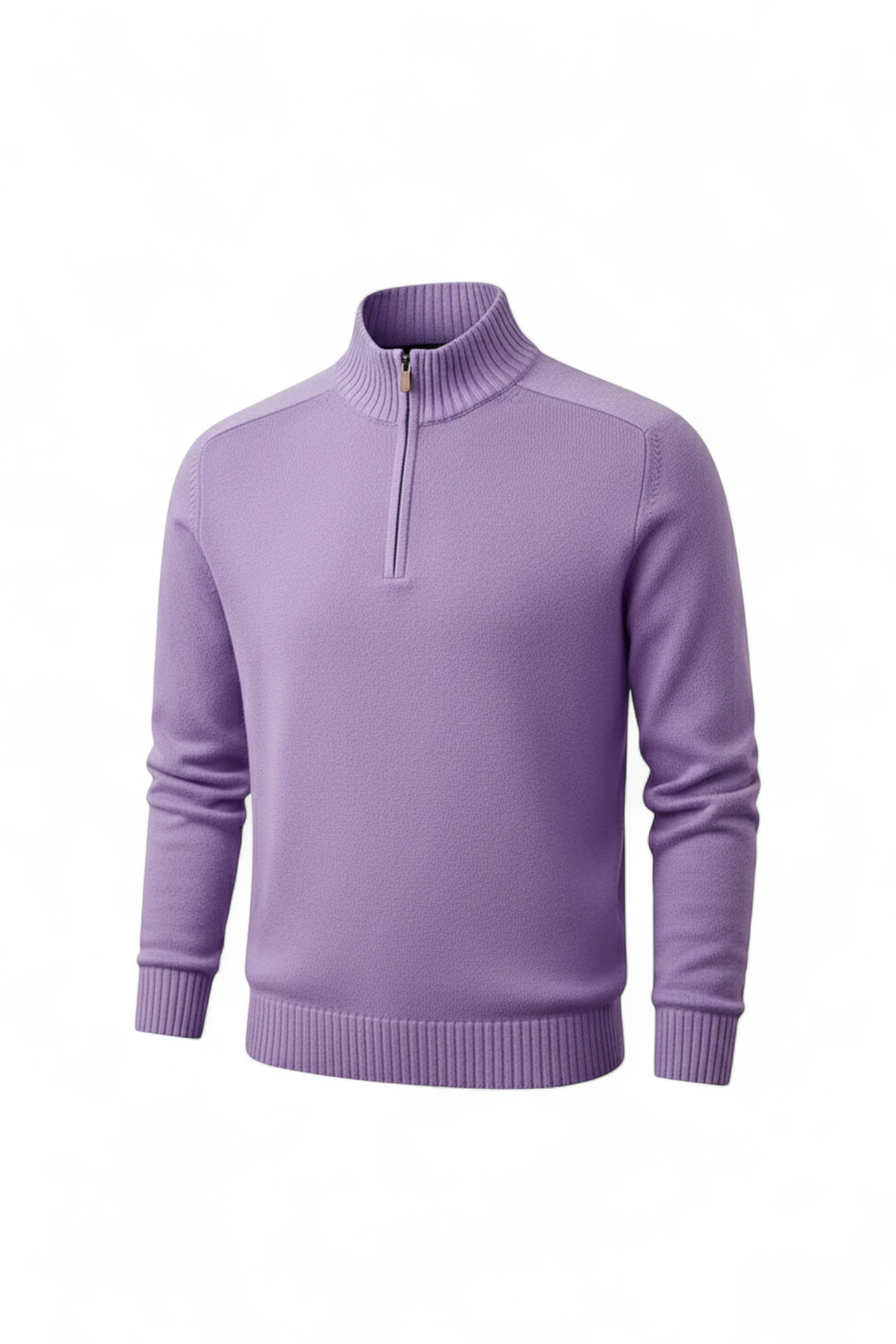 Purple quarter-zip sweater on a white background