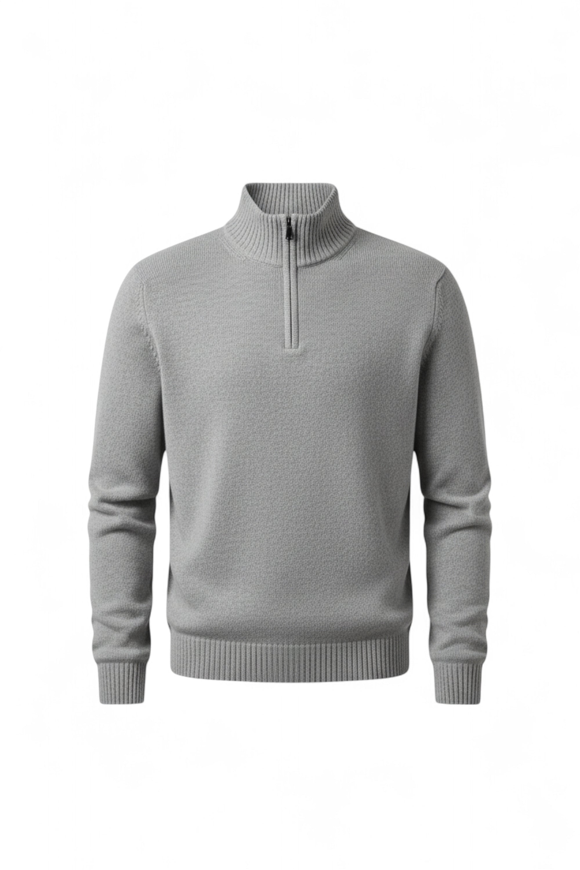 Gray sweater with a quarter zip on a white background