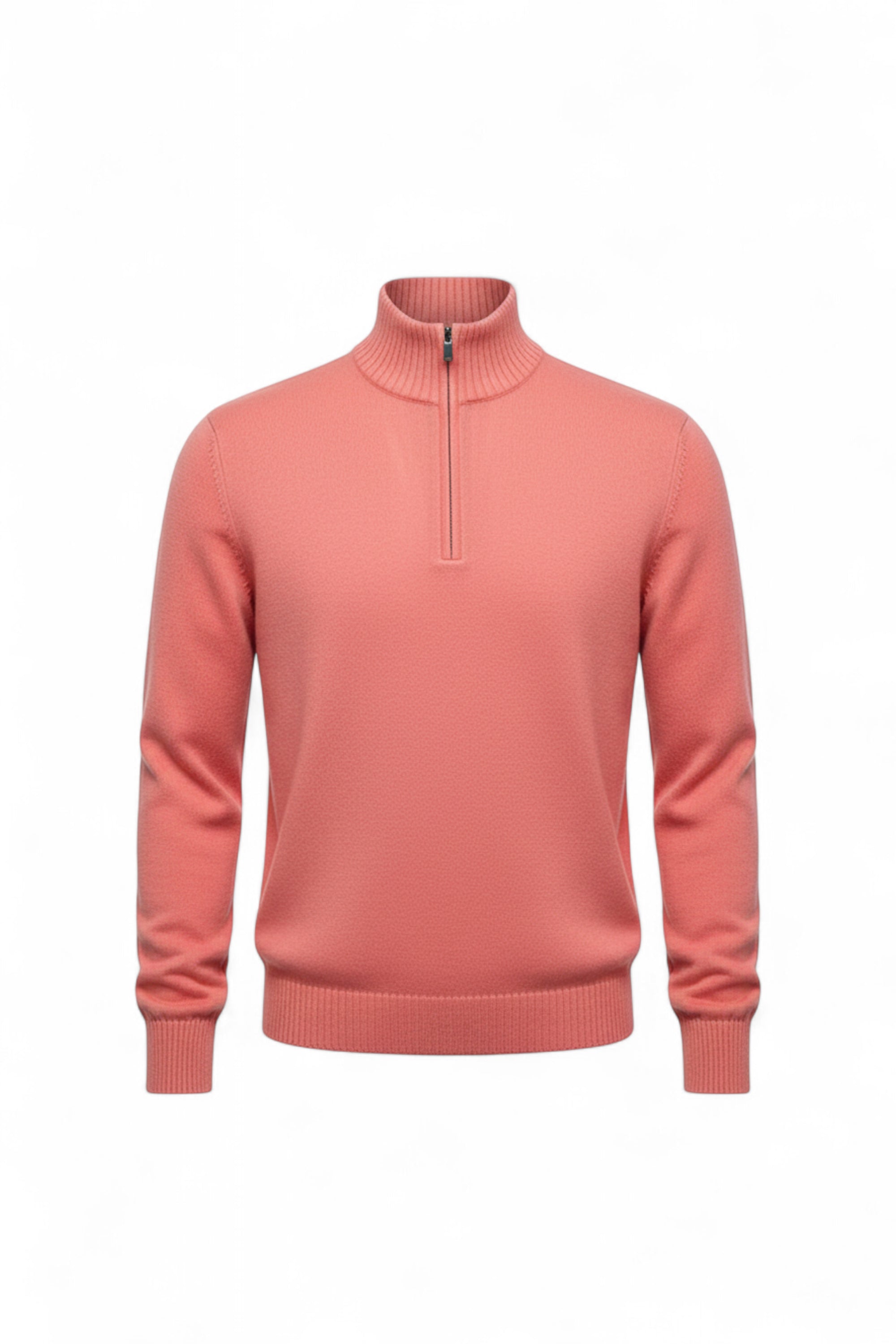 Pink sweater with a quarter zip on a white background