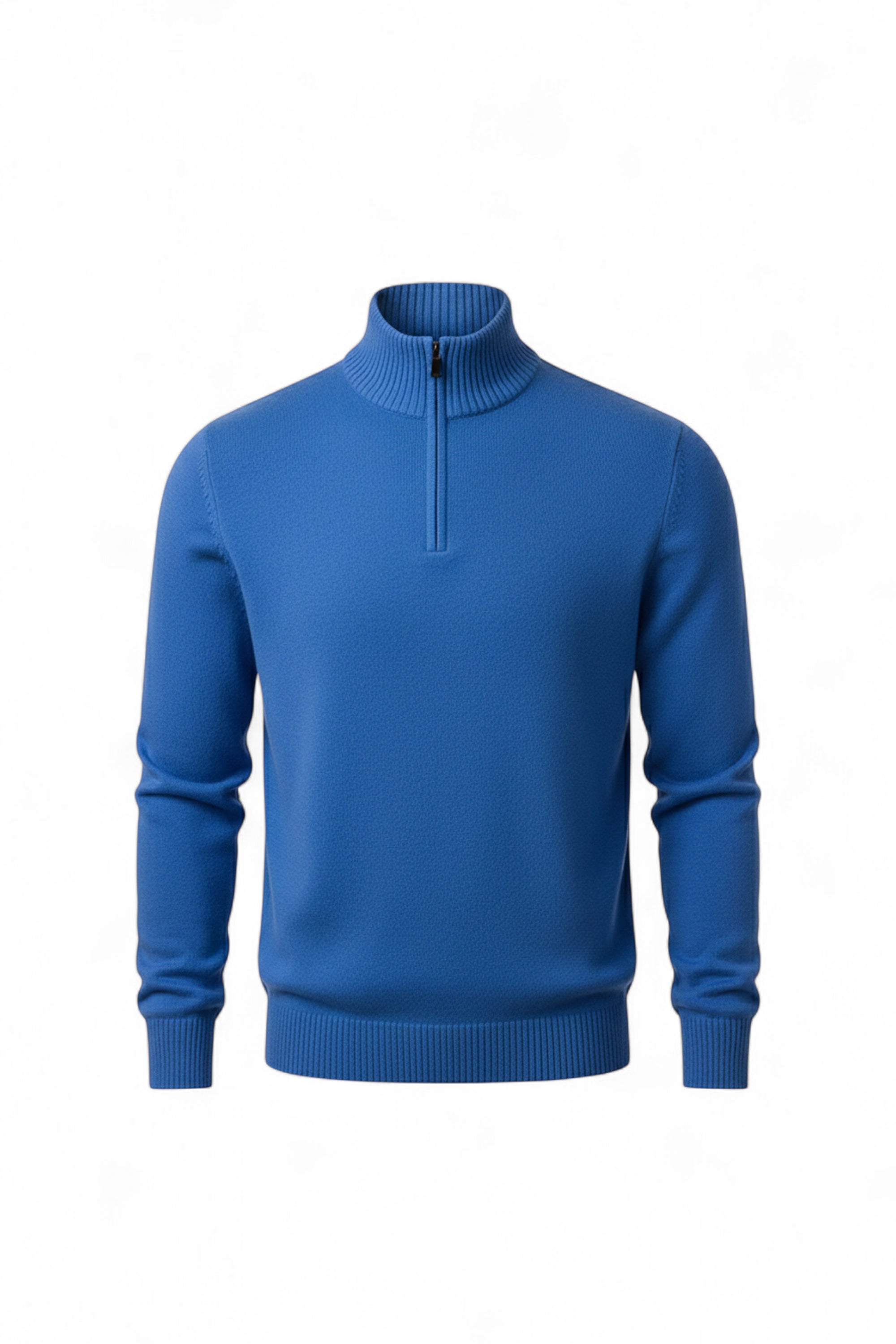 Blue sweater with a quarter zip on a white background