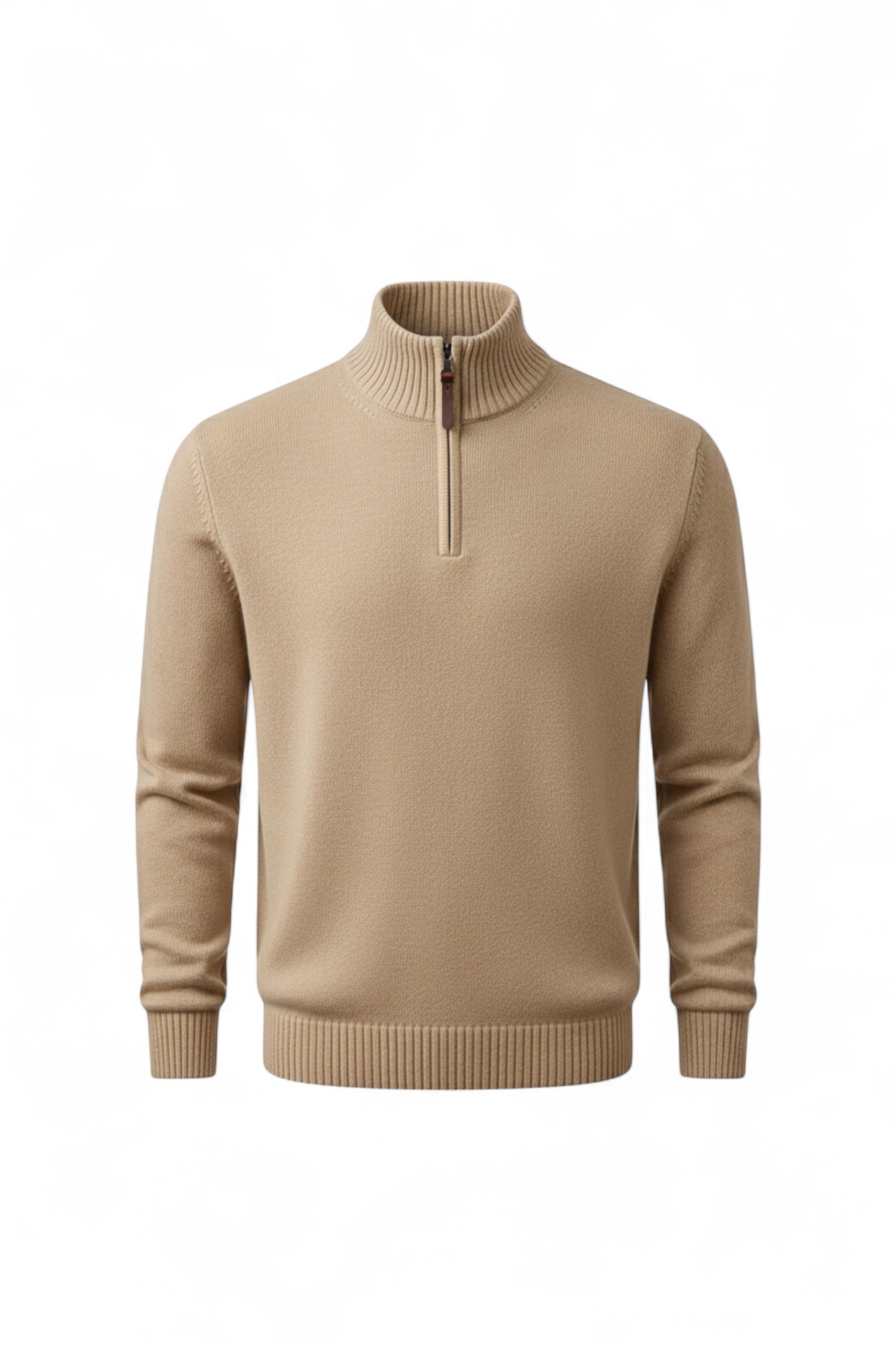 Beige sweater with a quarter zip on a white background
