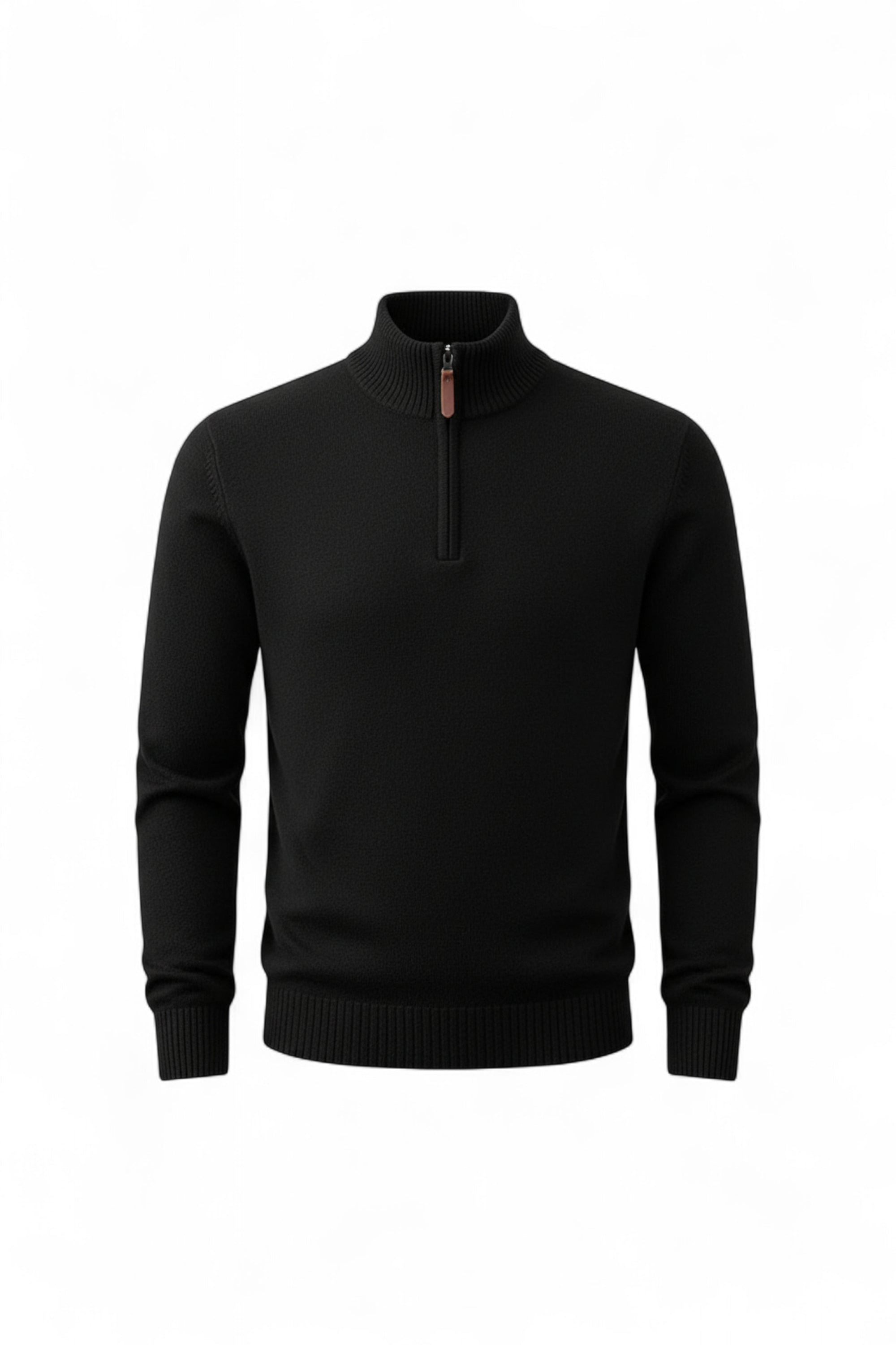 Black half-zip sweater on a white background