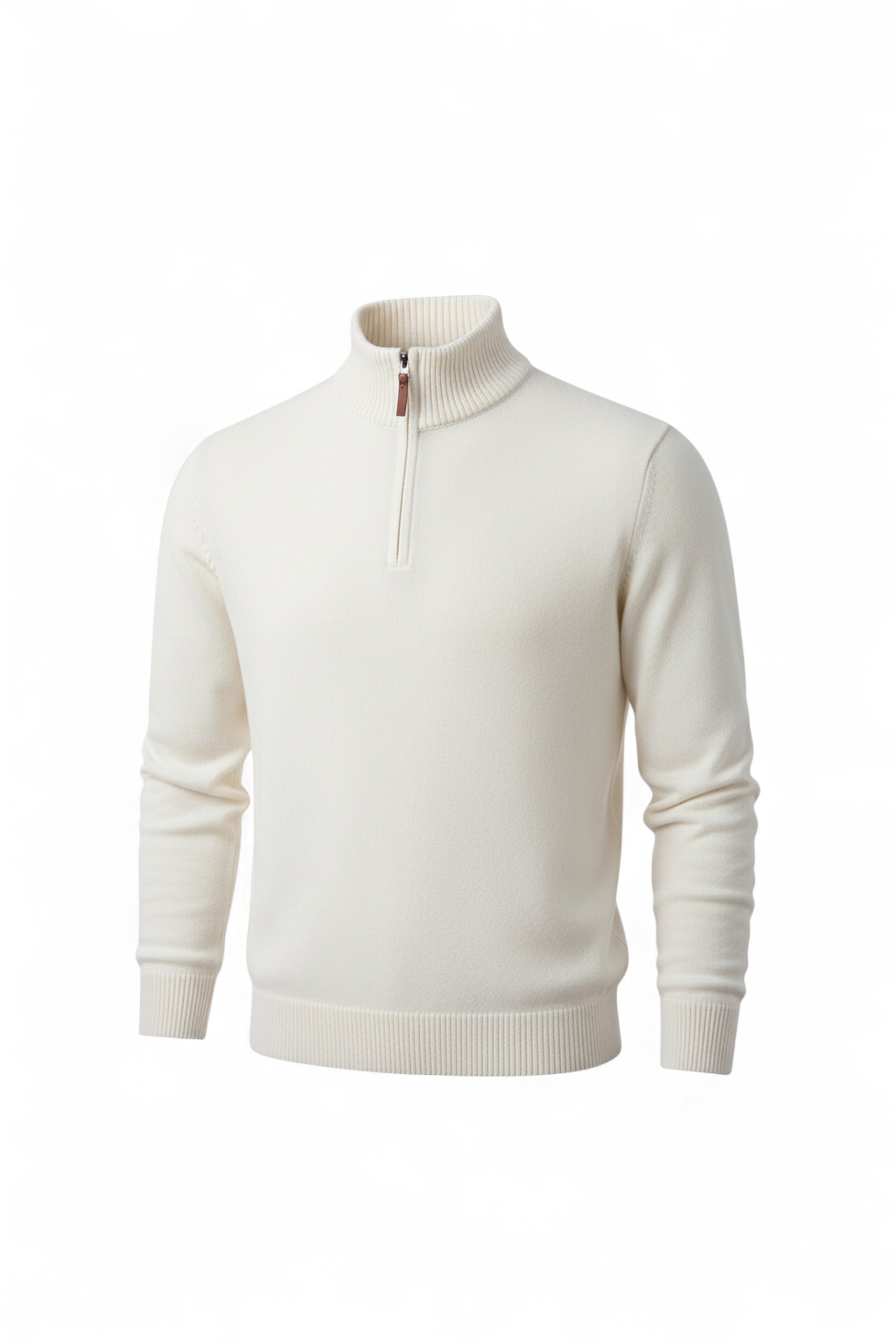 White sweater with a quarter zip on a white background