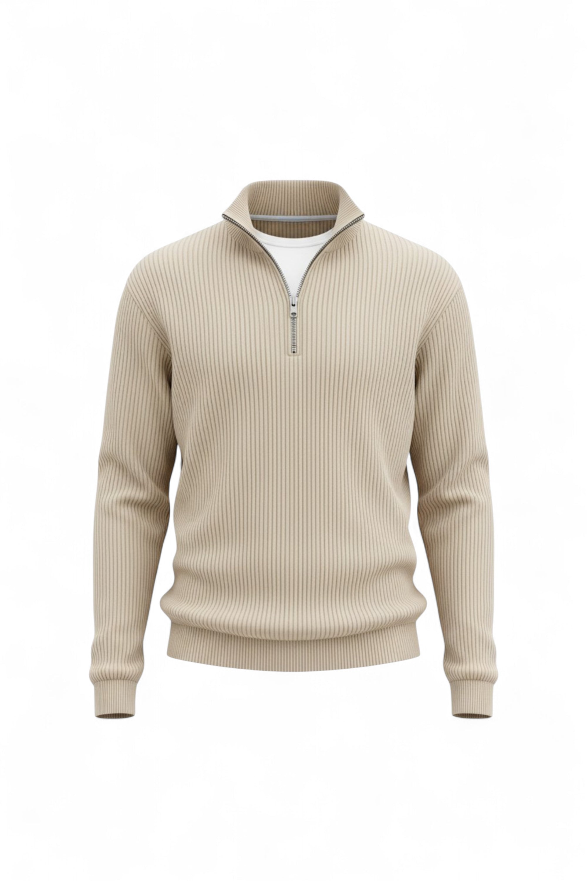 Beige ribbed sweater with a quarter zip on a white background