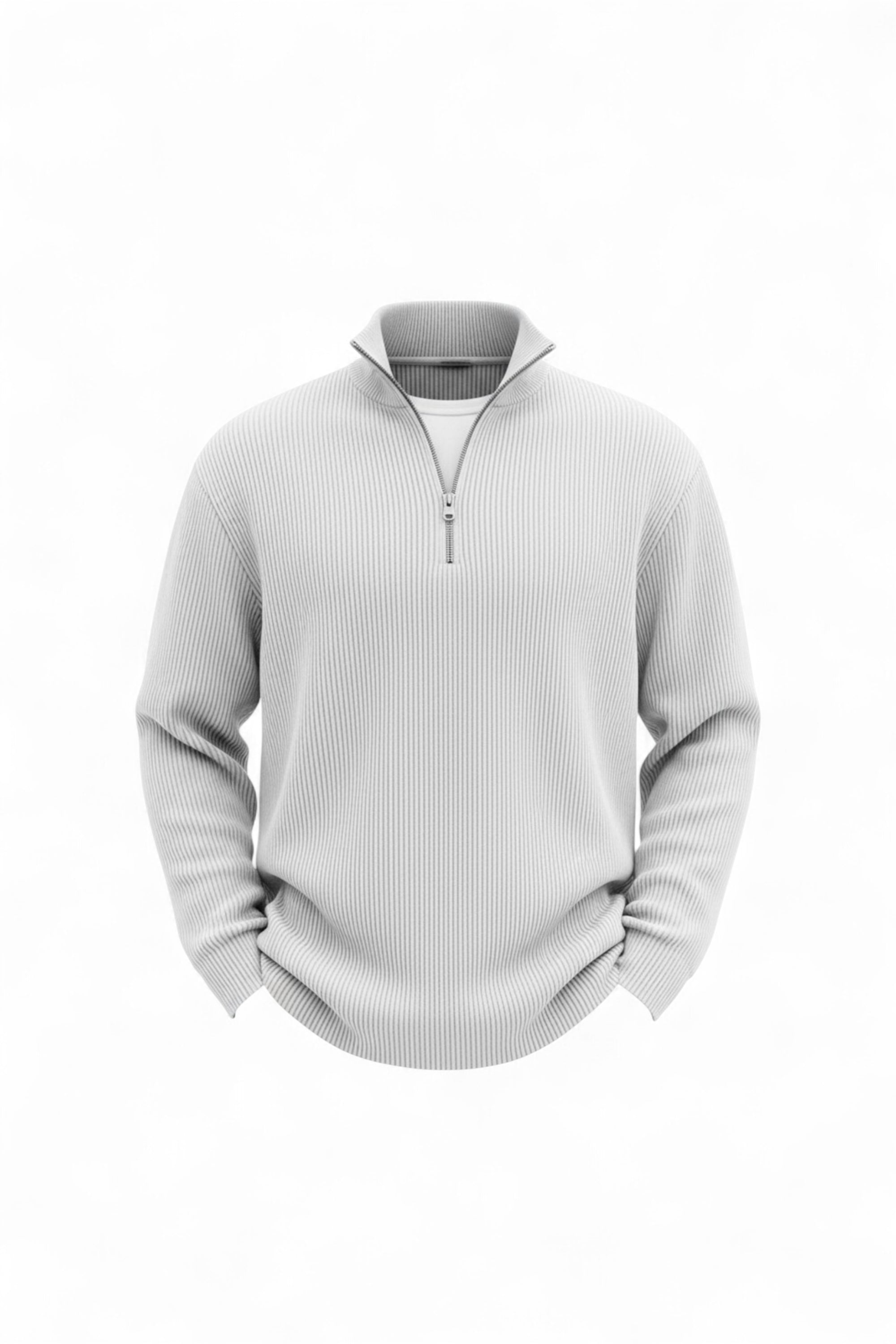 Light gray half-zip sweater on a white background