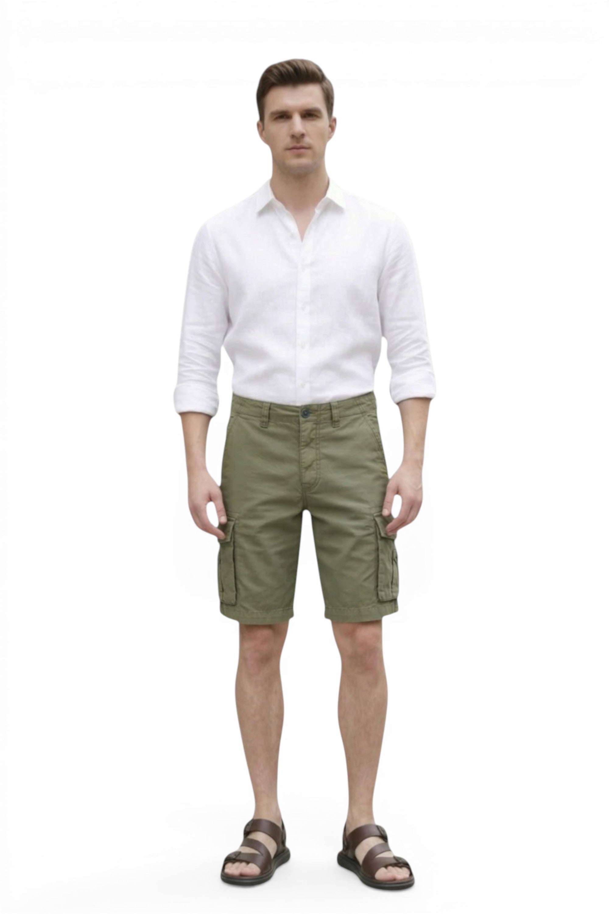 Man wearing a white shirt and green cargo shorts on a white background