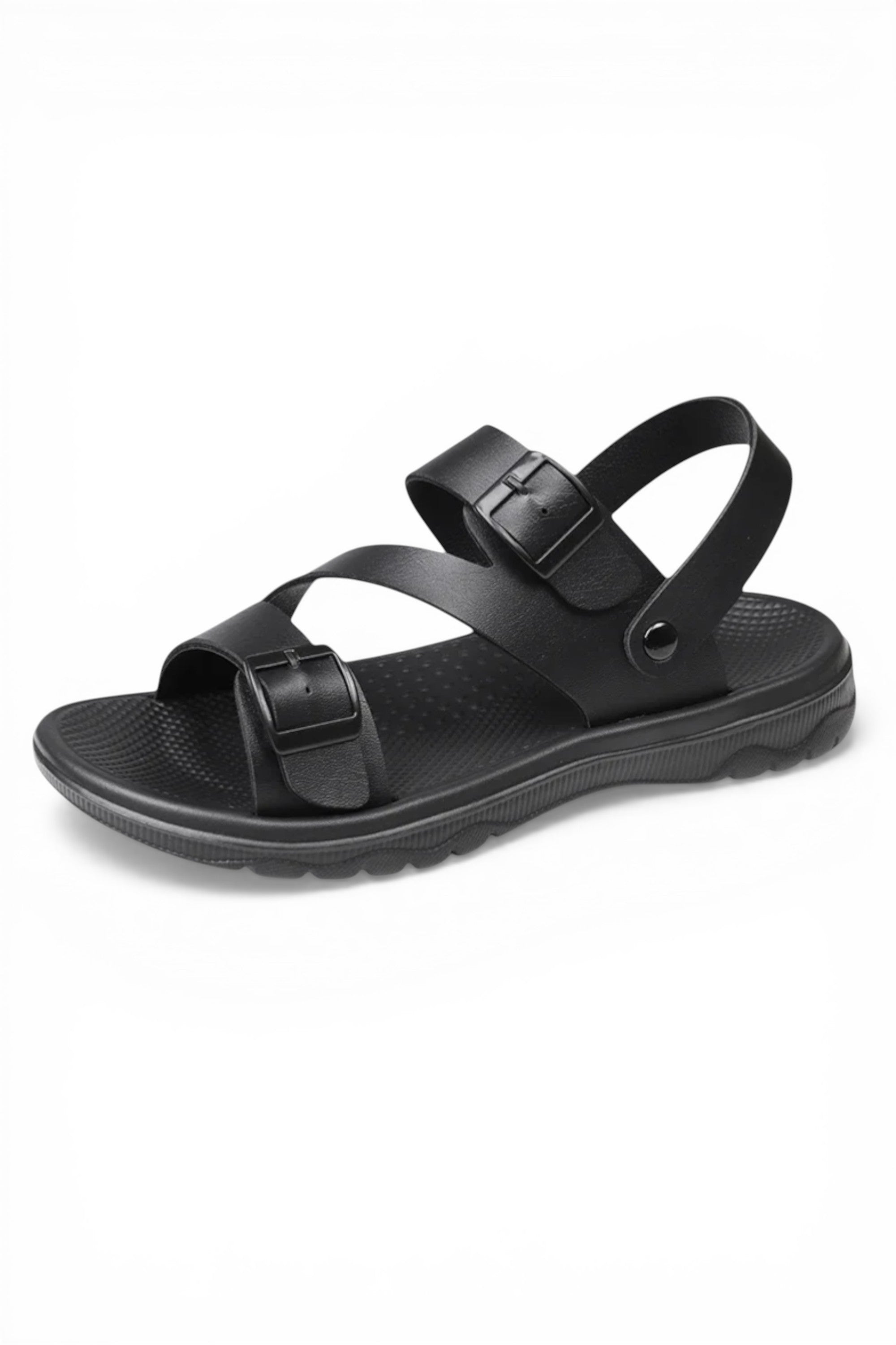 Black sandal with multiple straps on a white background