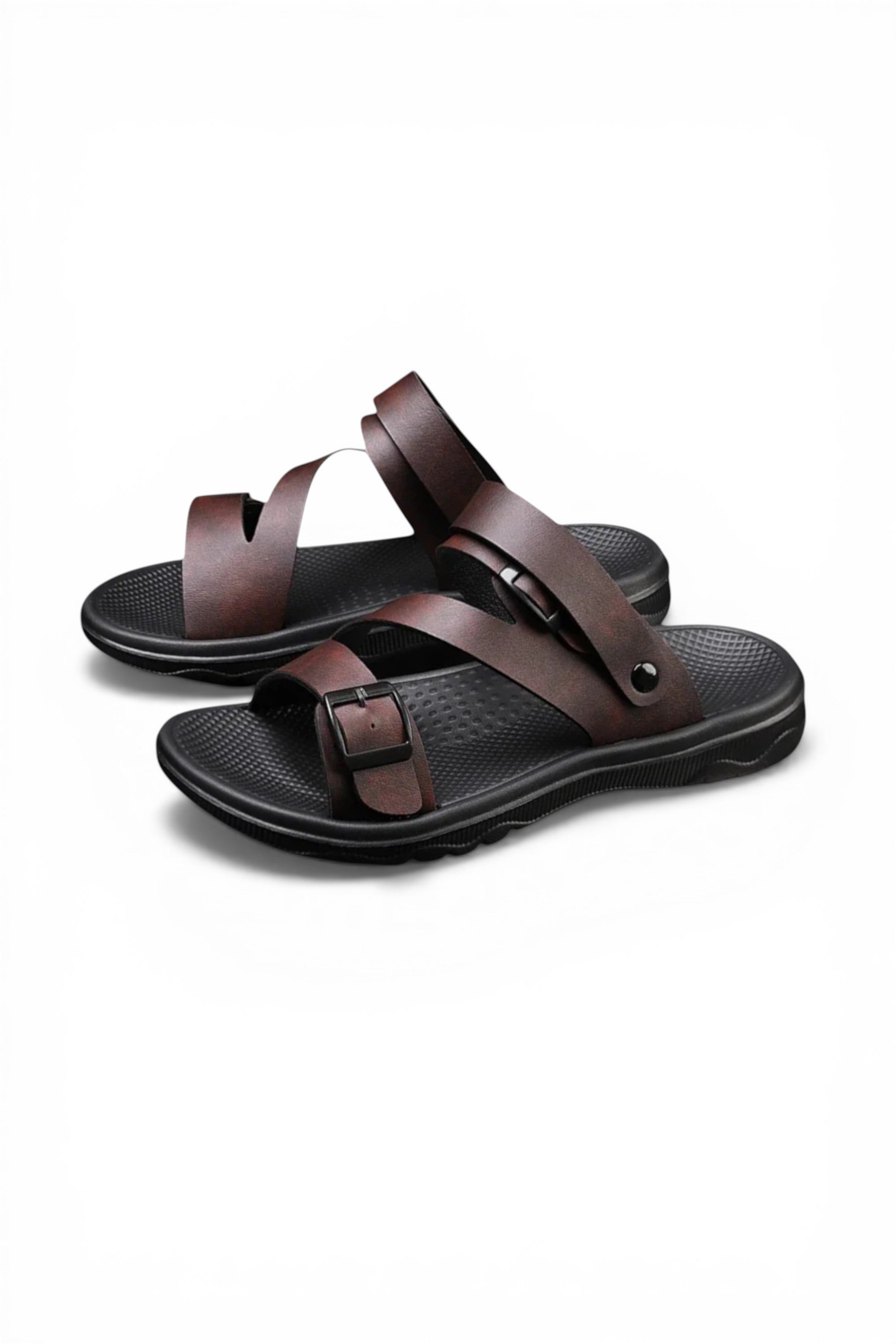 Pair of brown sandals on a white background