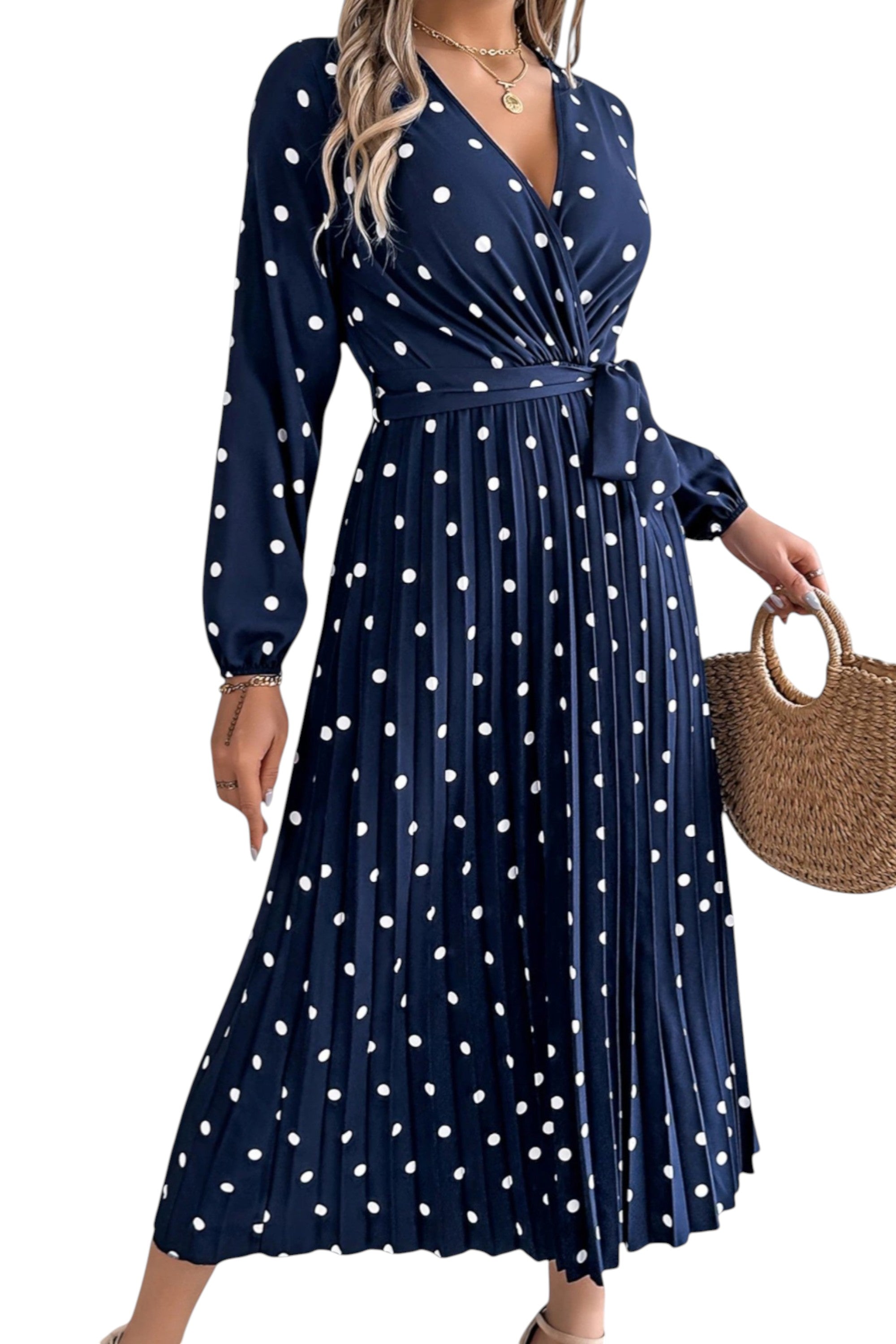 Rumef | Contrast Polka Dot Pleated Long Dress for Women