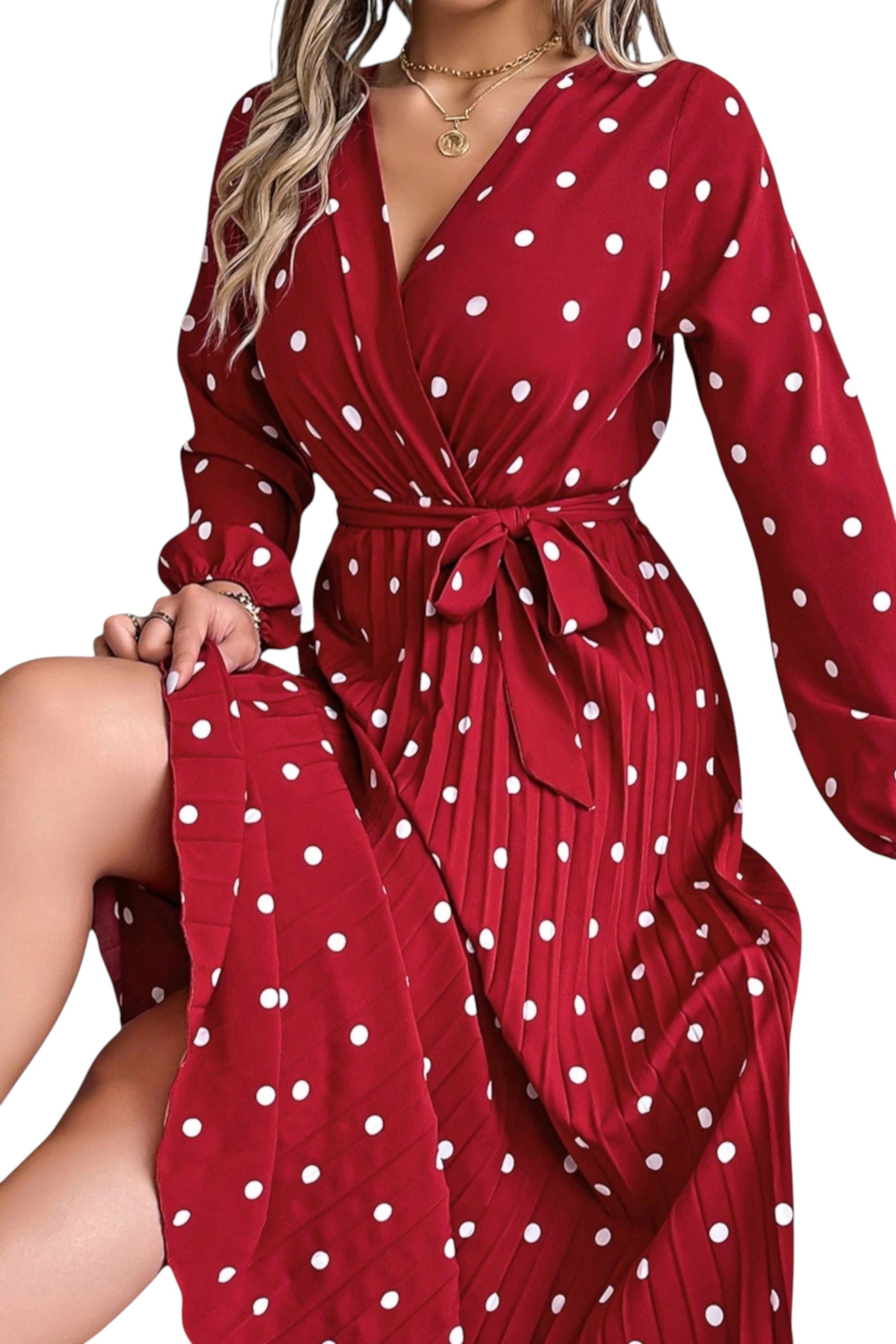 Rumef | Contrast Polka Dot Pleated Long Dress for Women