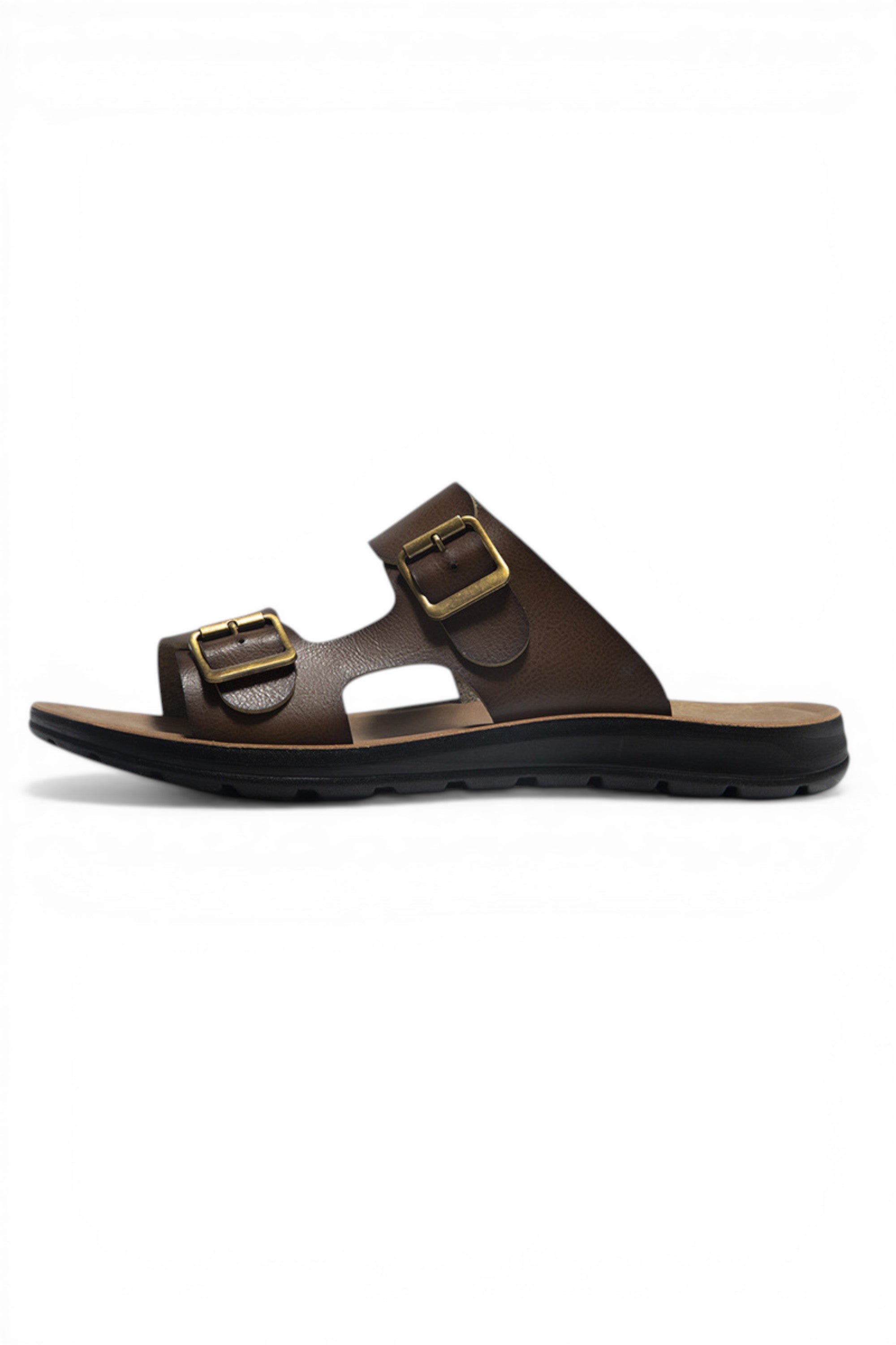 Brown sandal with gold buckle on a white background