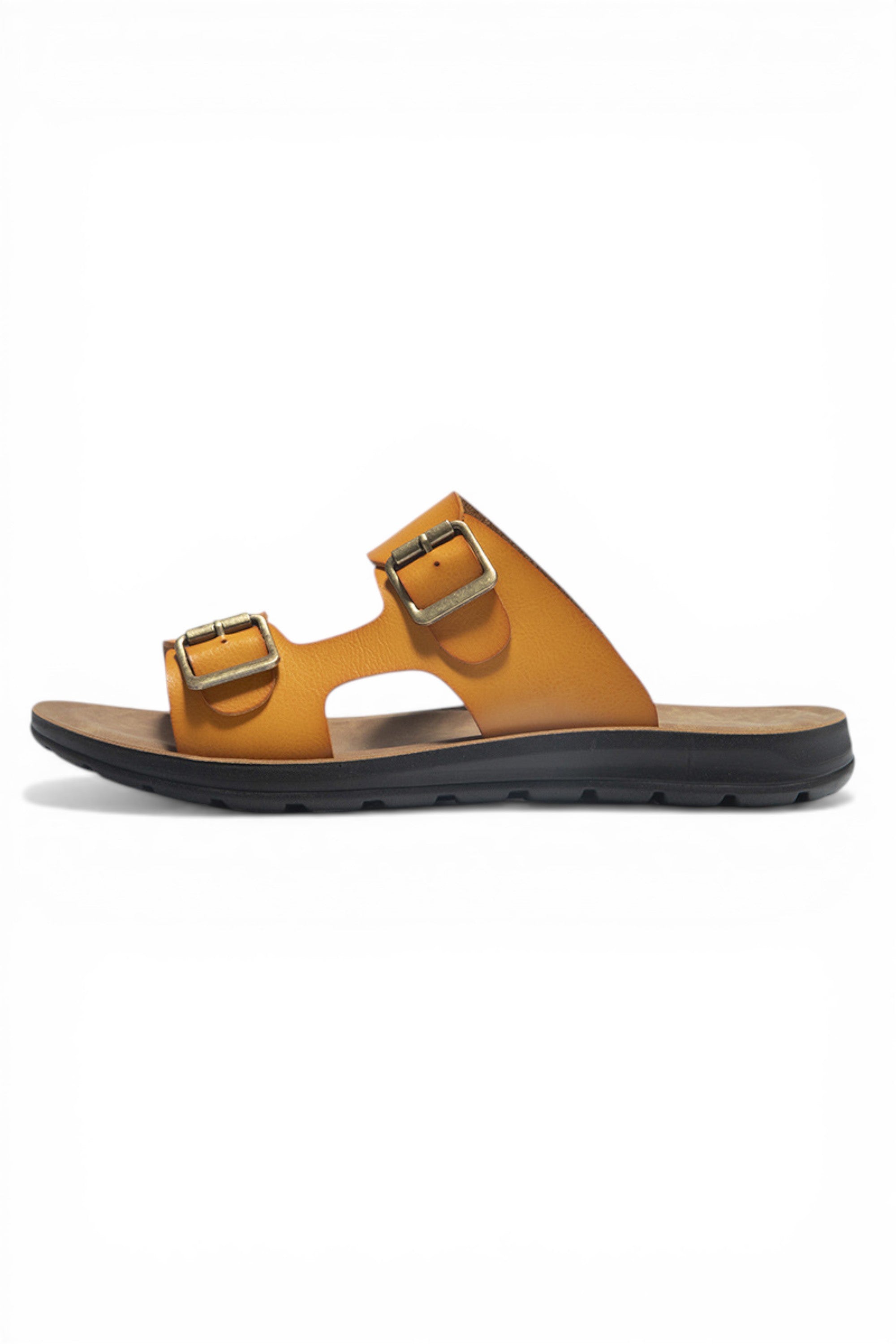 Yellow sandal with black sole on a white background