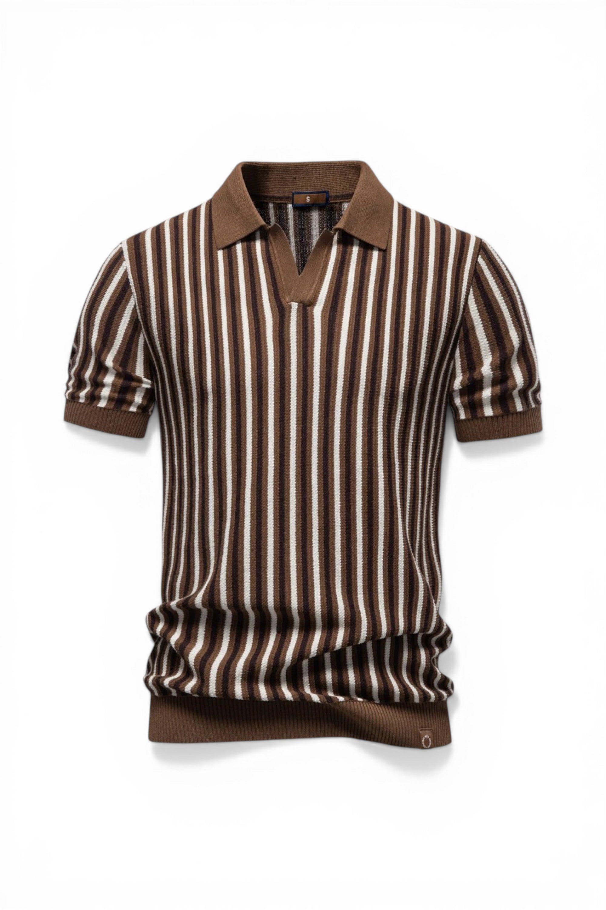 Brown and white striped polo shirt on a white background