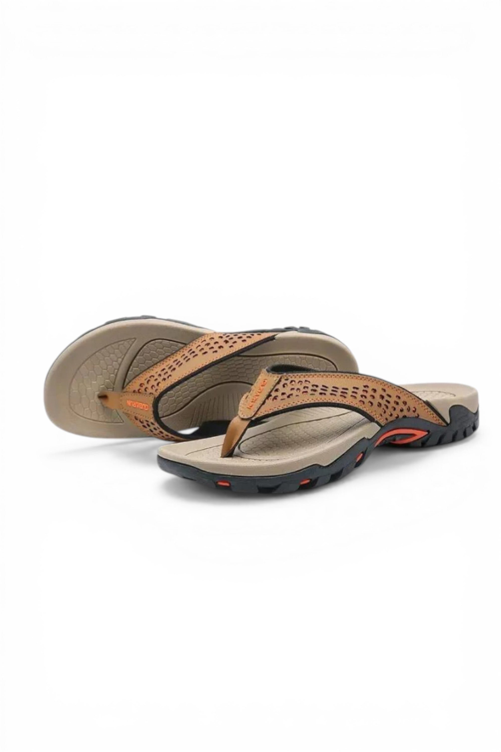 Black sandals with gold accents on a white background