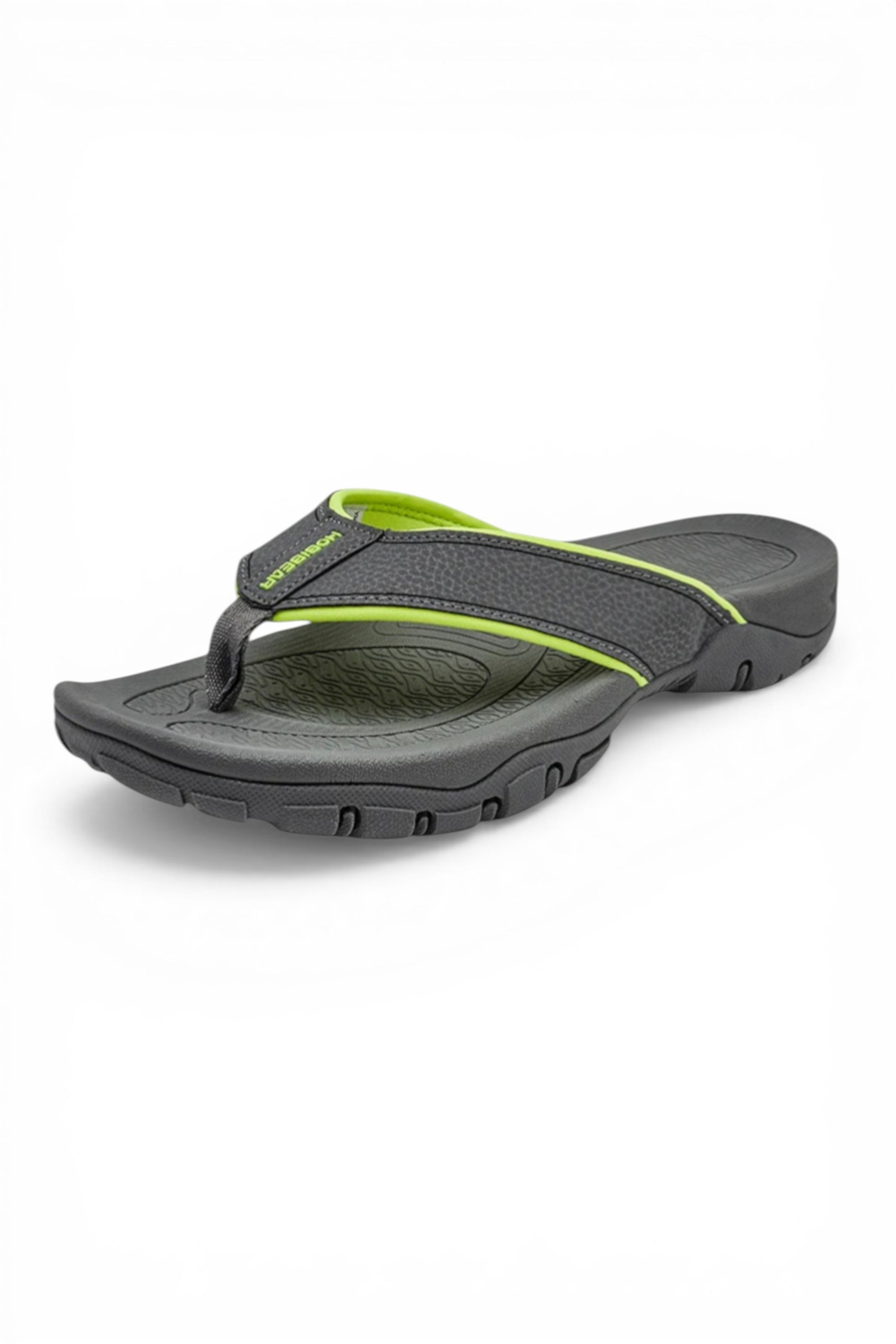 Gray sandal with green accents on a white background