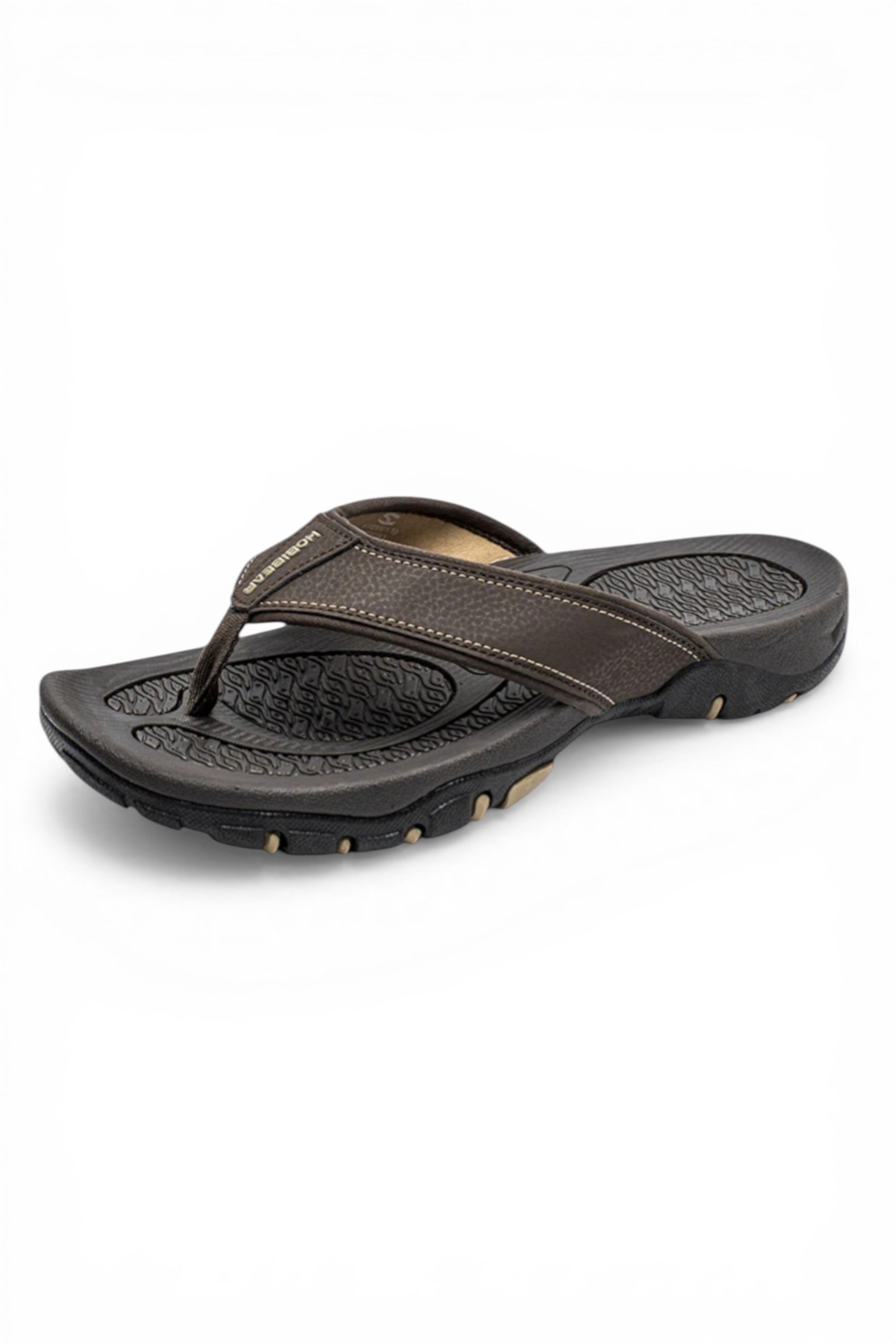 Brown sandal with a black sole on a white background