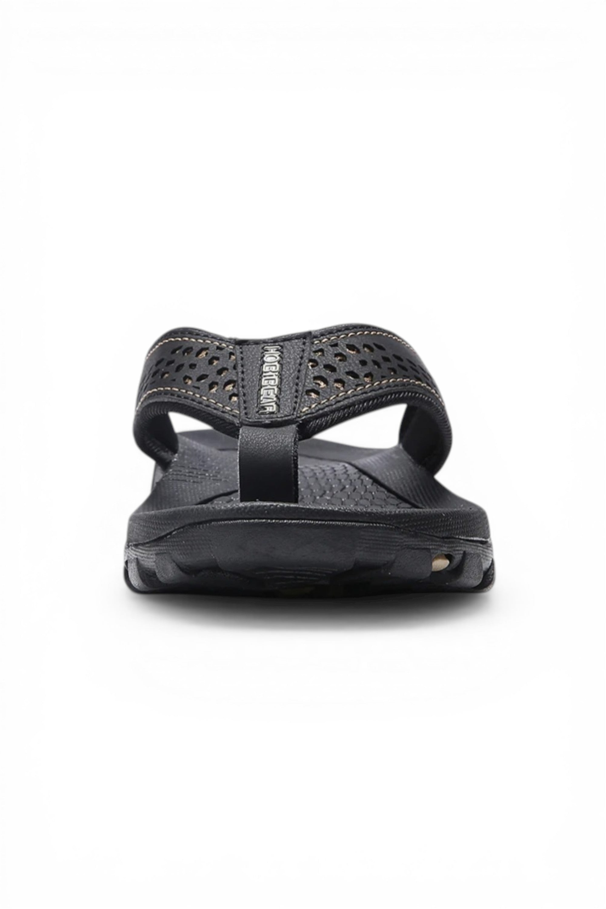 Black sandal with a strap on a white background