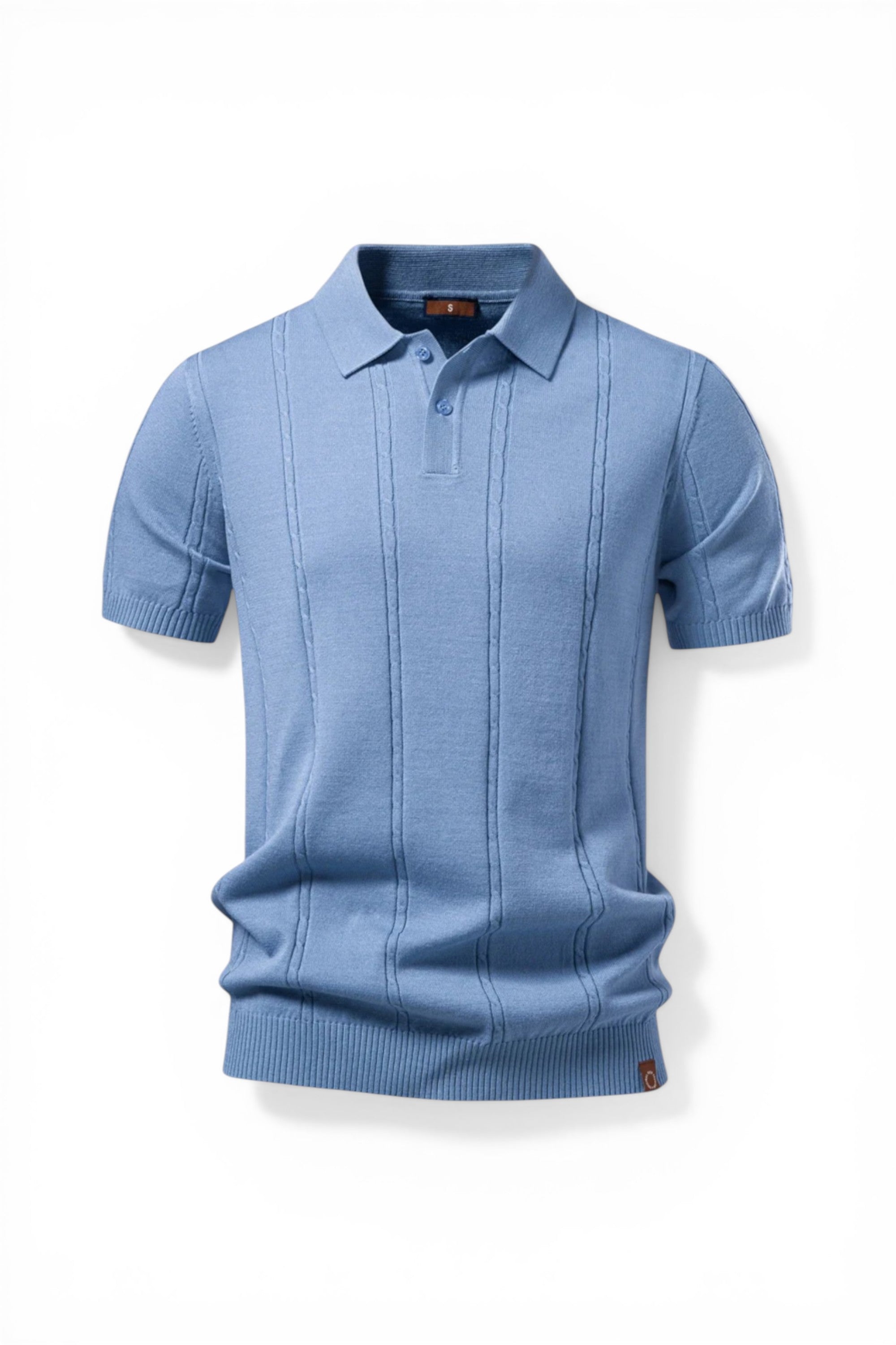 Blue short-sleeve knitted polo shirt on a white background