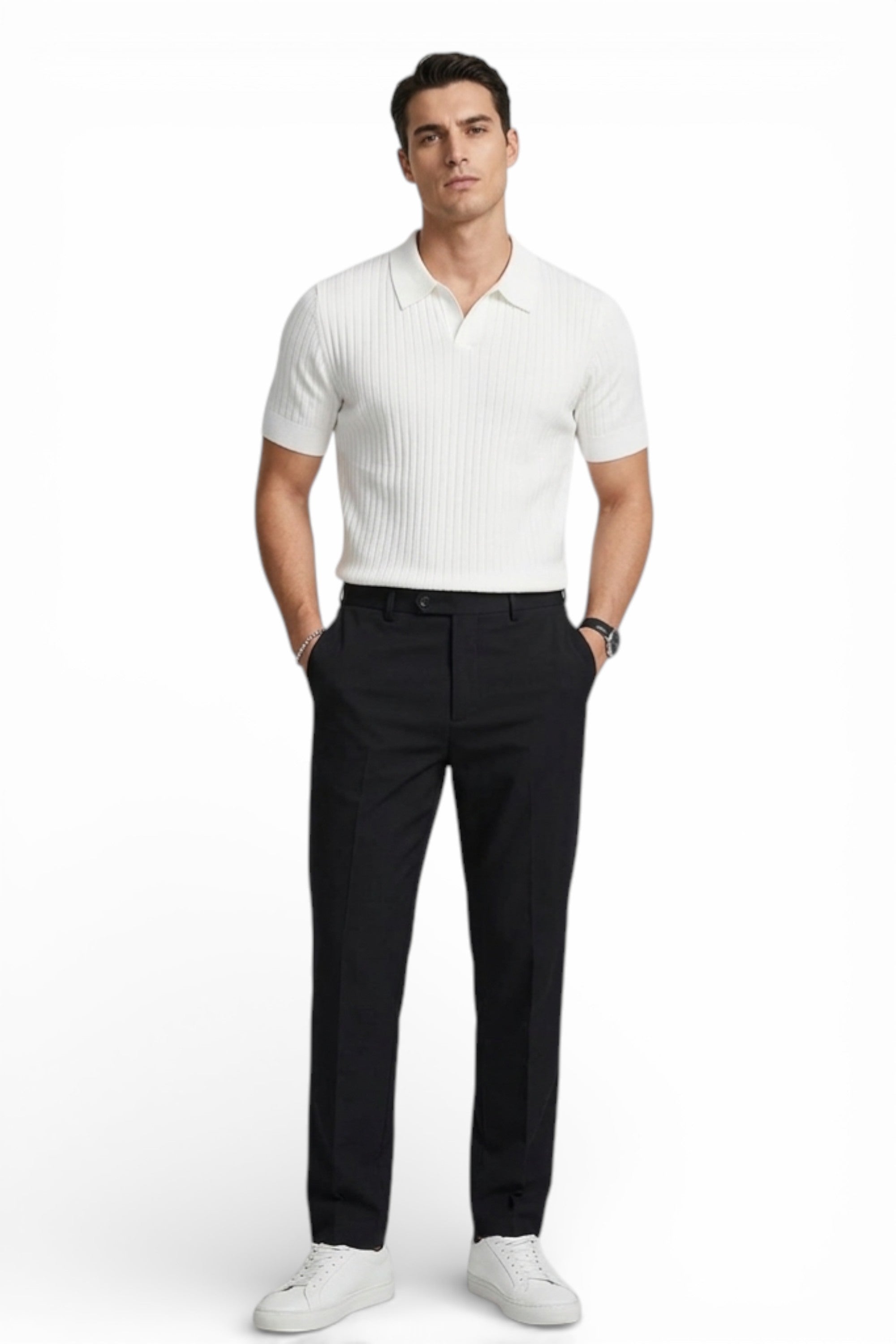 Man wearing a white polo shirt and black pants on a white background