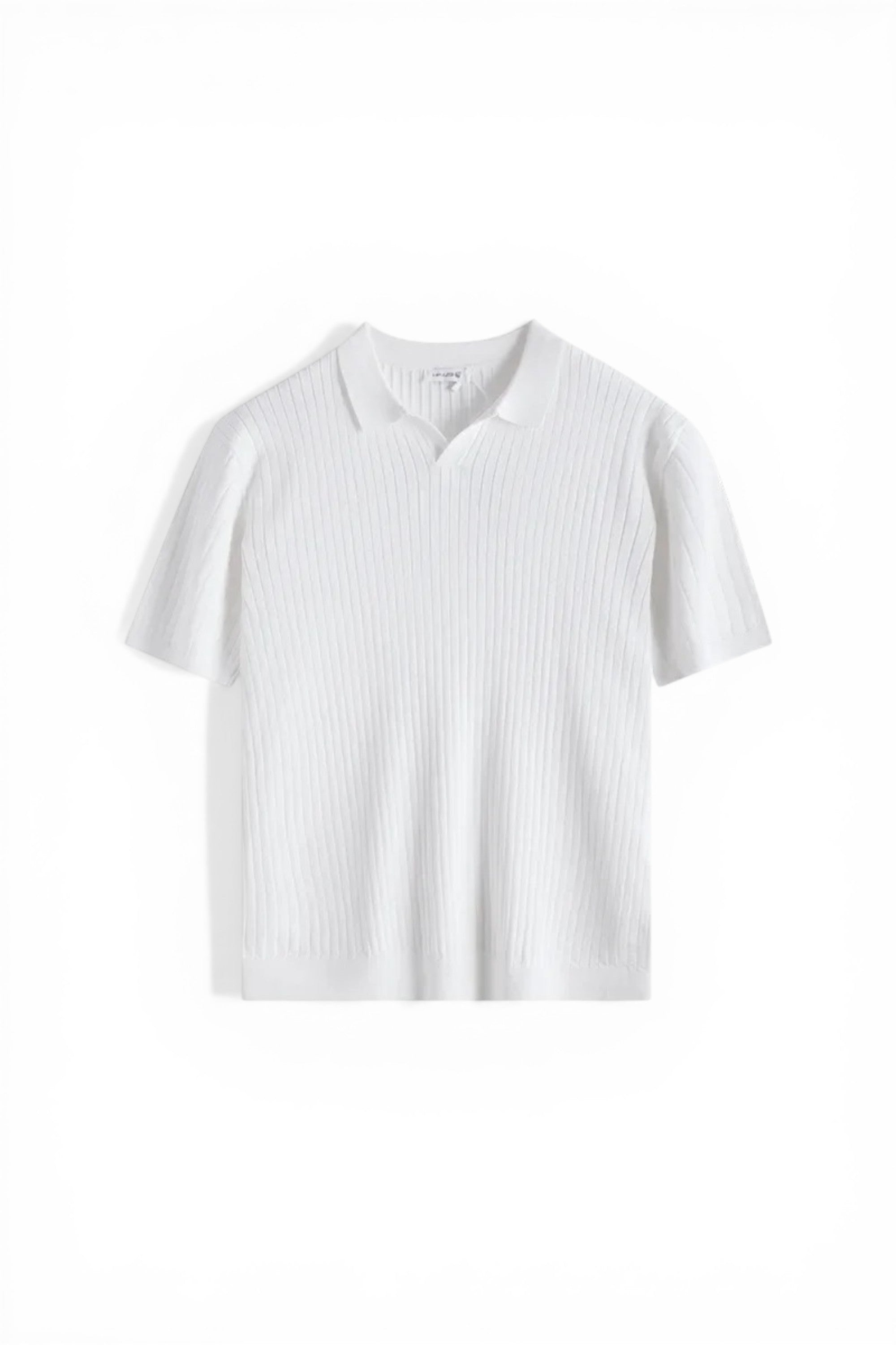 White ribbed knit polo shirt on a white background
