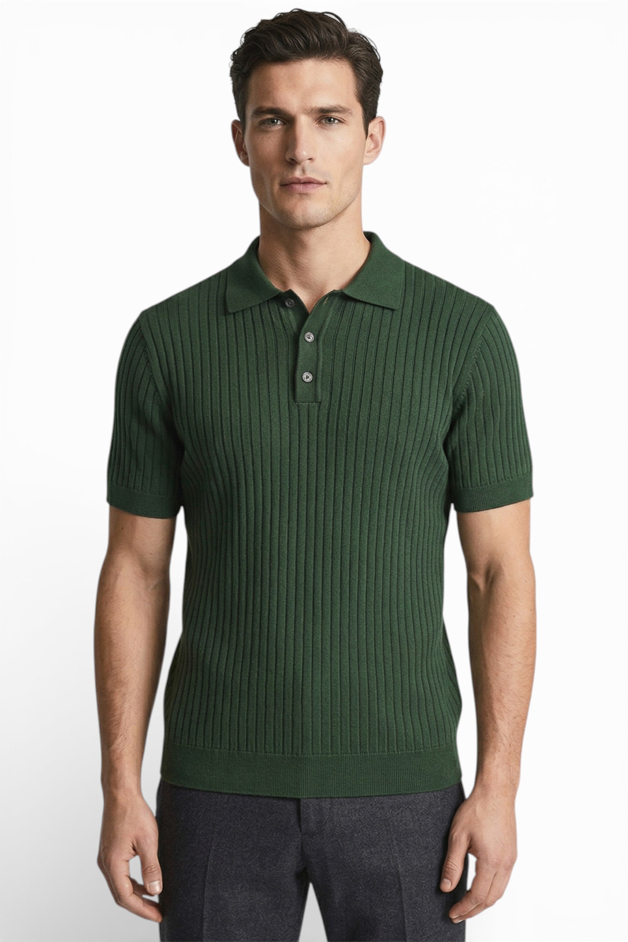 Man wearing a green ribbed polo shirt on a white background