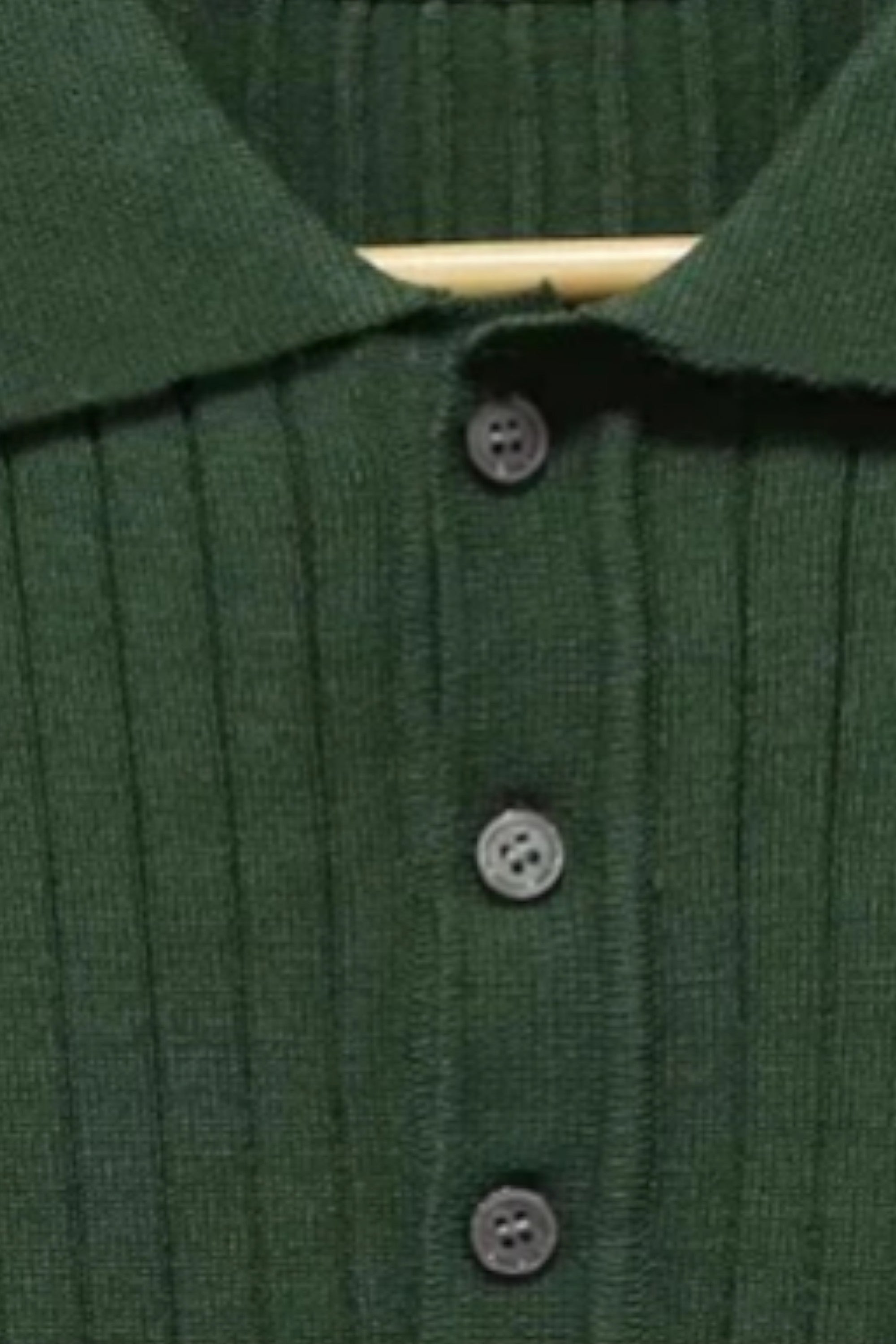 Close-up of a green ribbed sweater with buttons