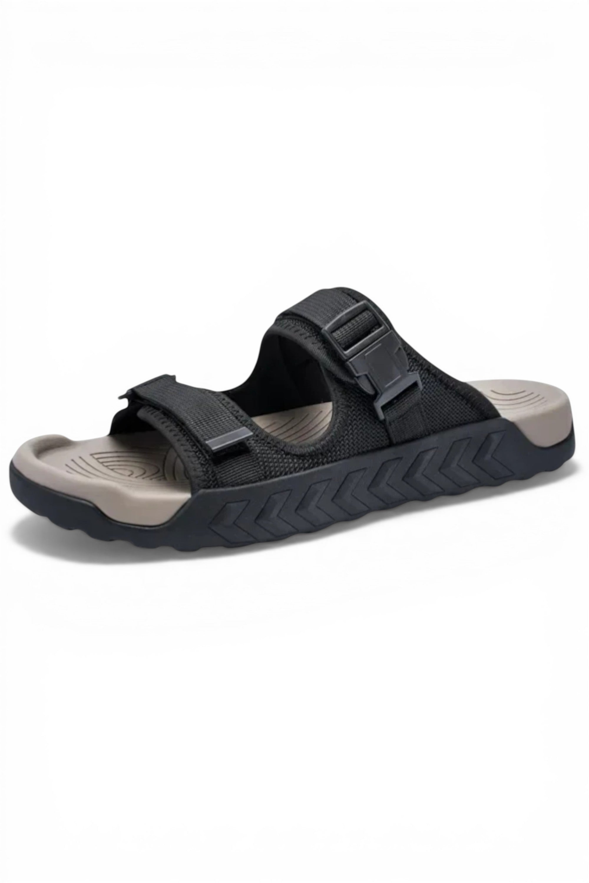 Black sandal with gray sole on a white background