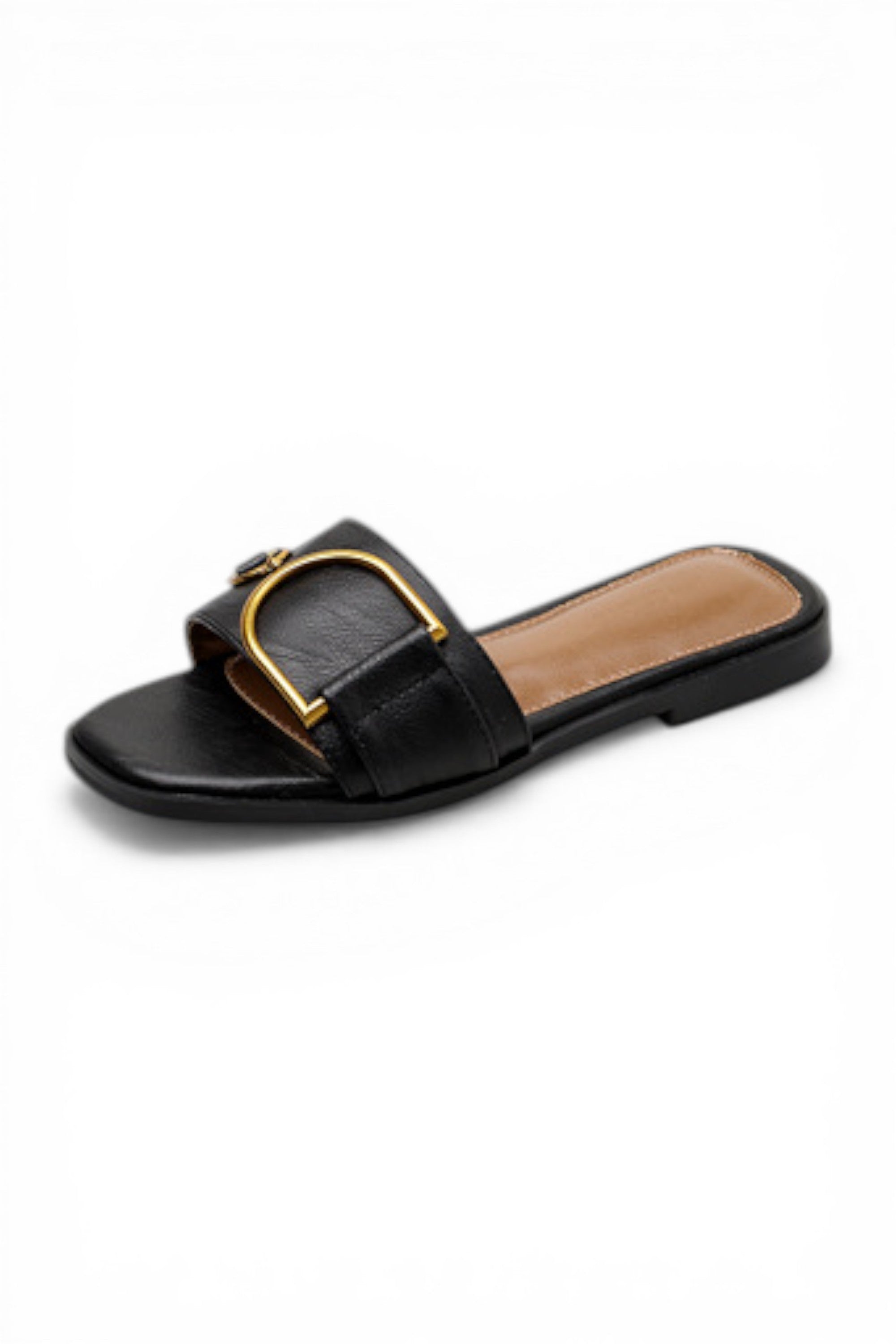 Black sandal with gold buckle on a white background