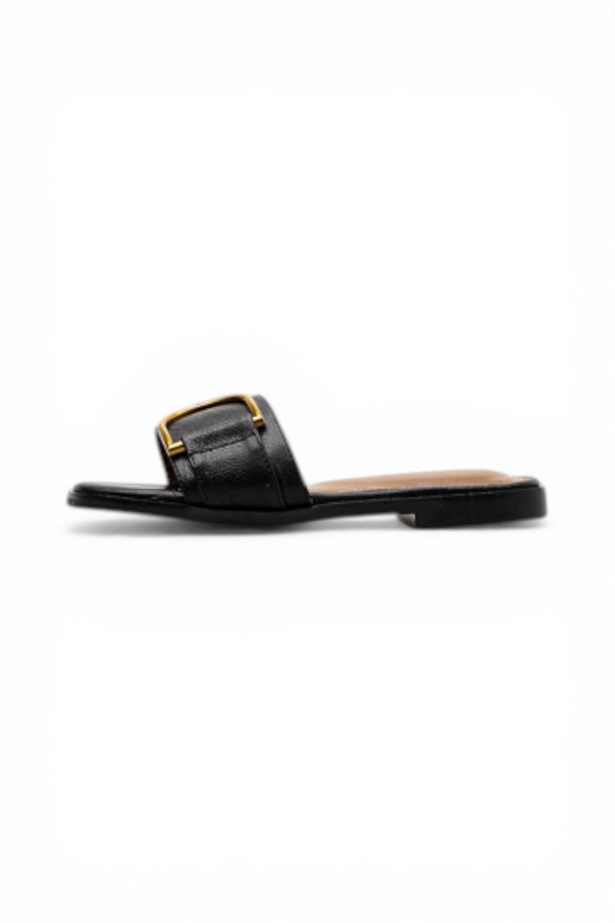 Black sandal with gold buckle on a white background