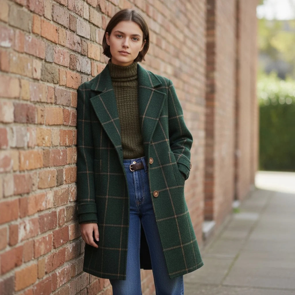 Woman wearing a green plaid coat leaning against a brick wall.
