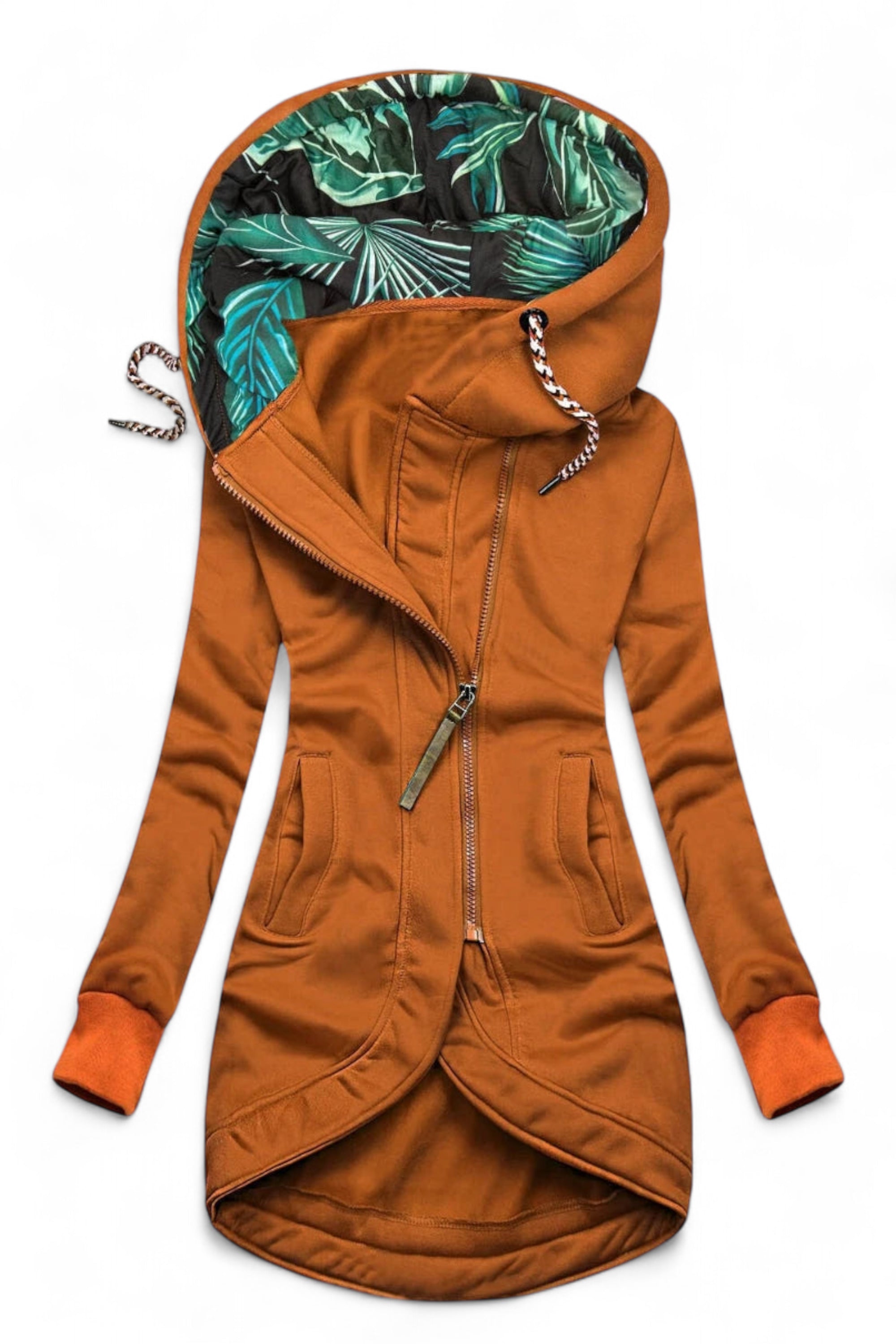 Brown hoodie with tropical leaf lining on a white background