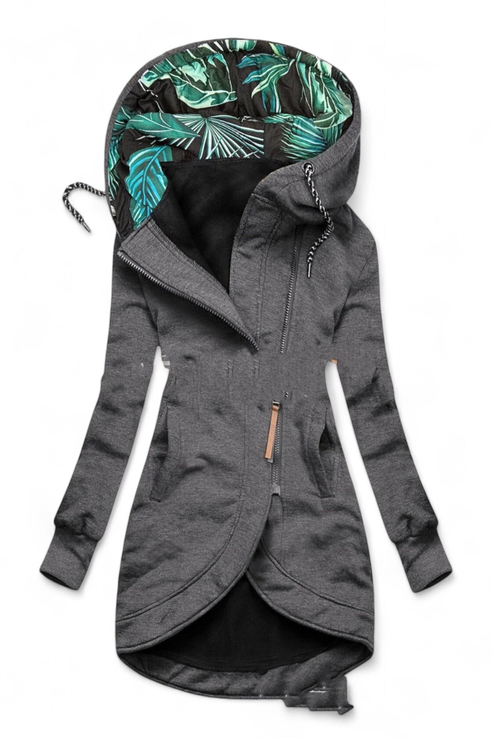 Gray hoodie with tropical leaf pattern inside the hood on a white background
