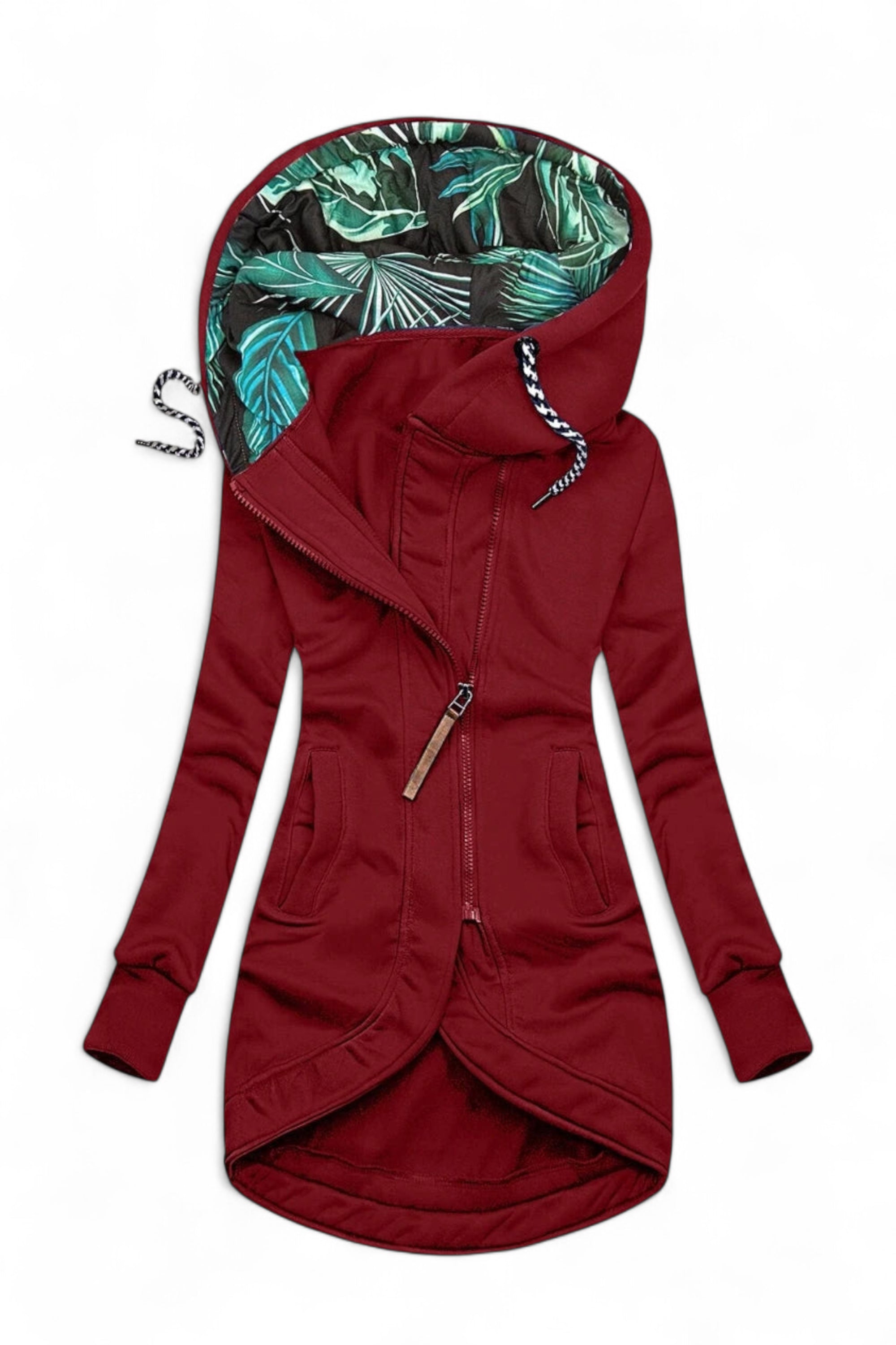 Red hoodie with tropical leaf pattern inside the hood on a white background