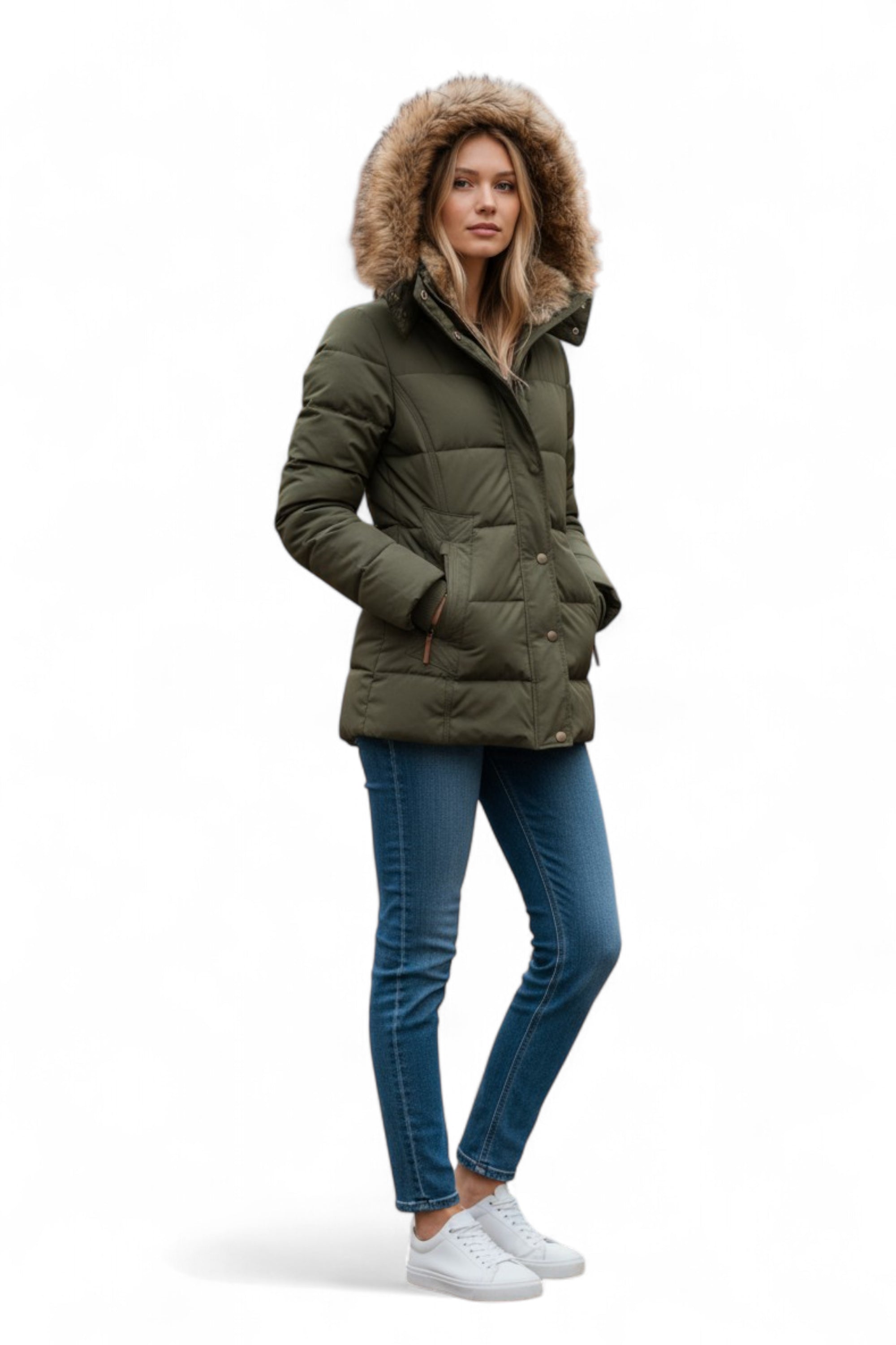 Woman wearing a green puffer jacket with fur hood on a white background