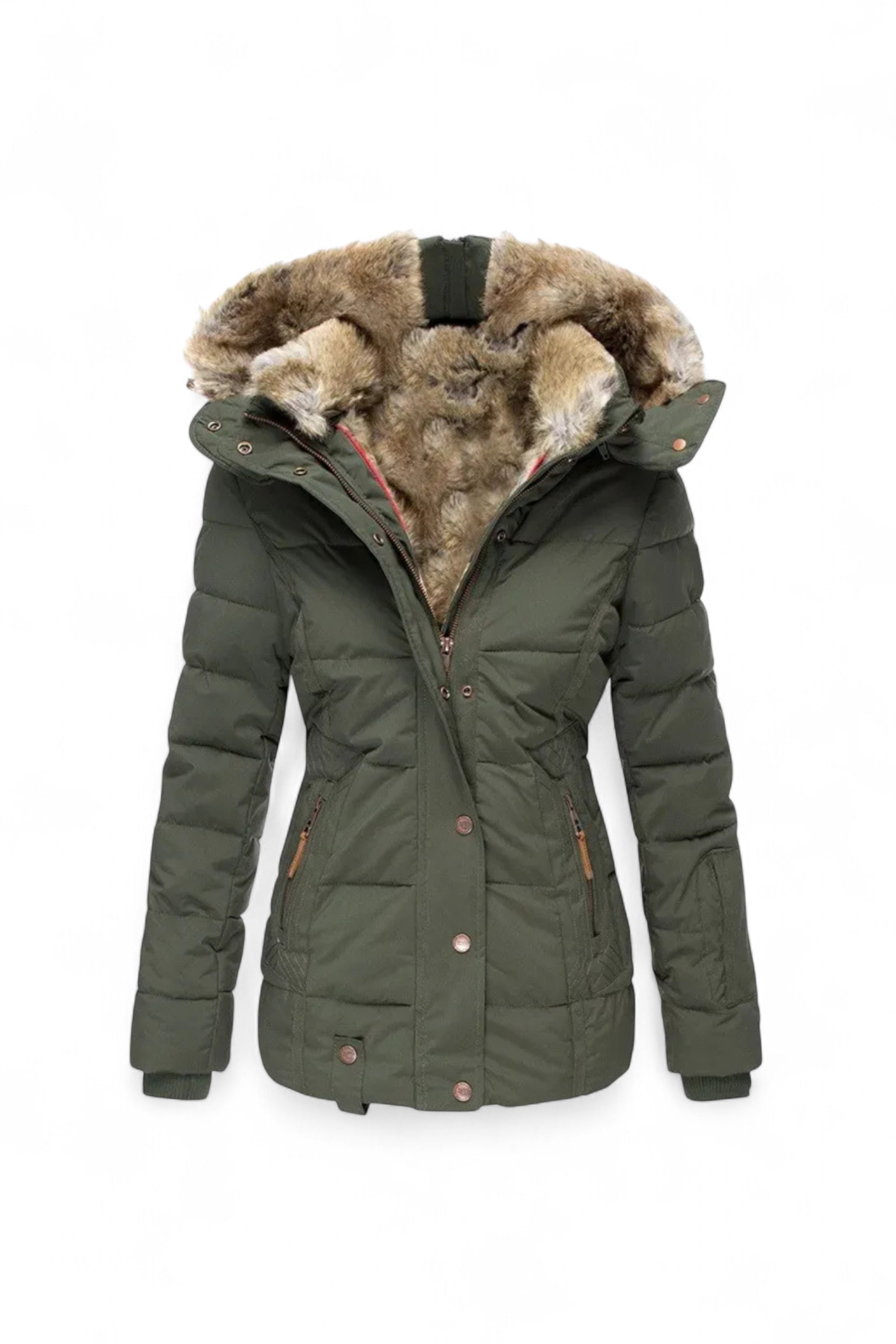 Green winter jacket with fur-lined hood on a white background