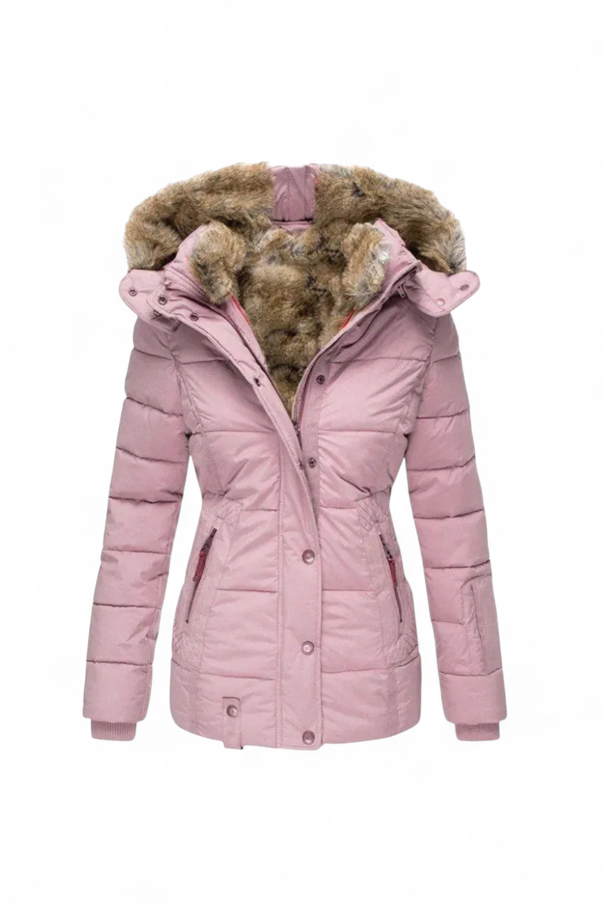 Pink winter coat with fur hood on a white background