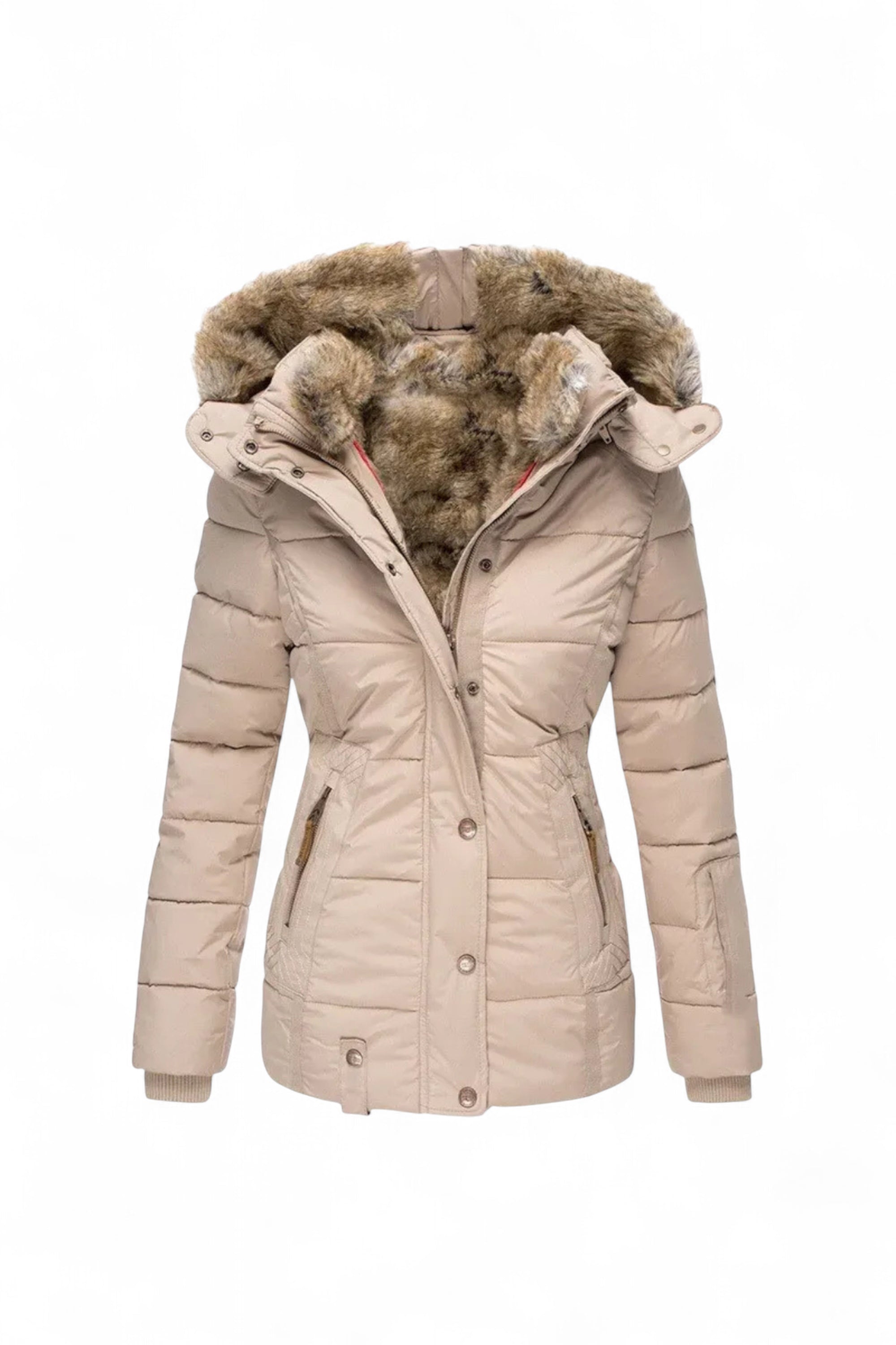 Beige winter coat with fur-lined hood on a white background