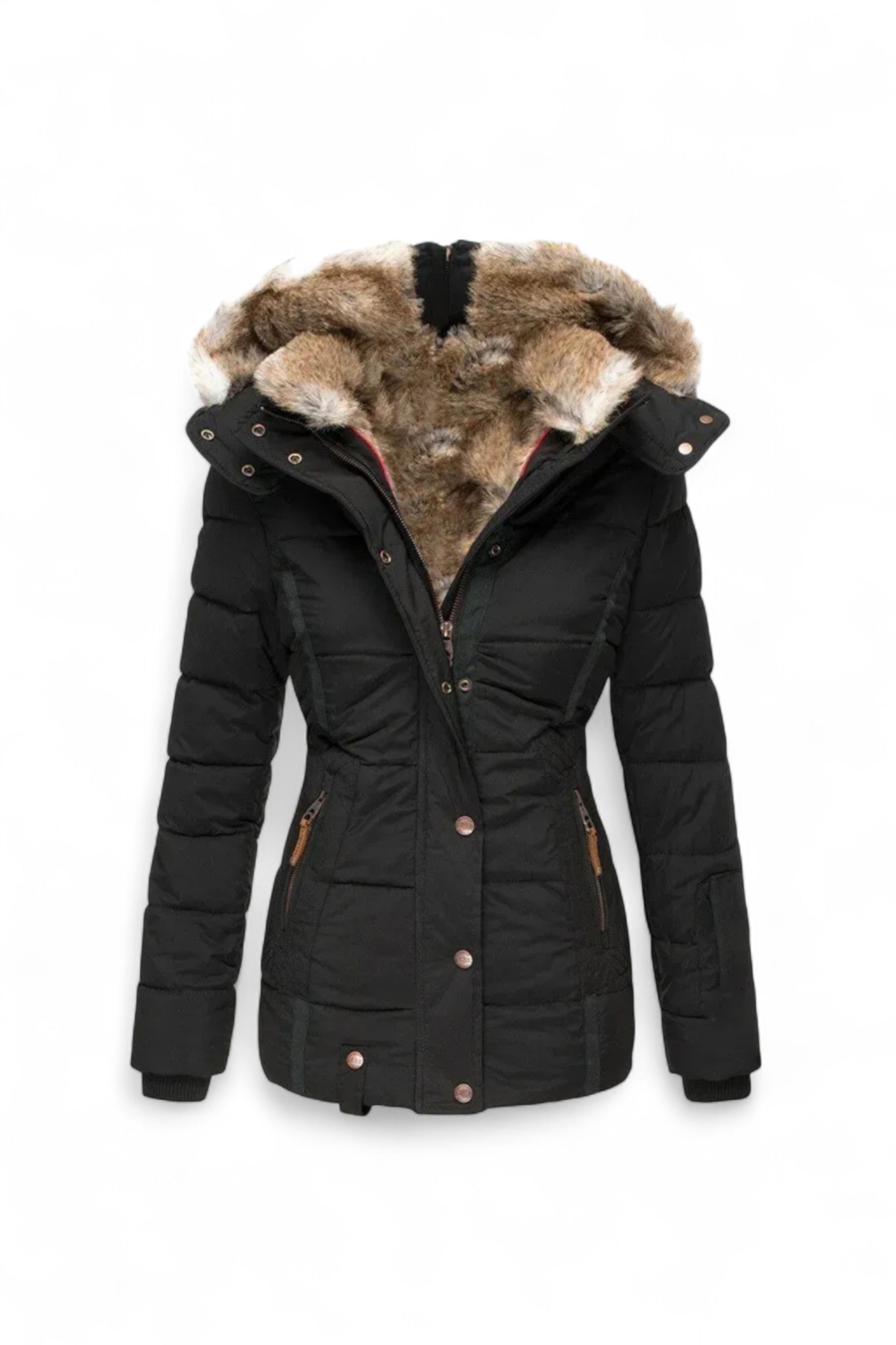 Black winter coat with fur-lined hood on a white background