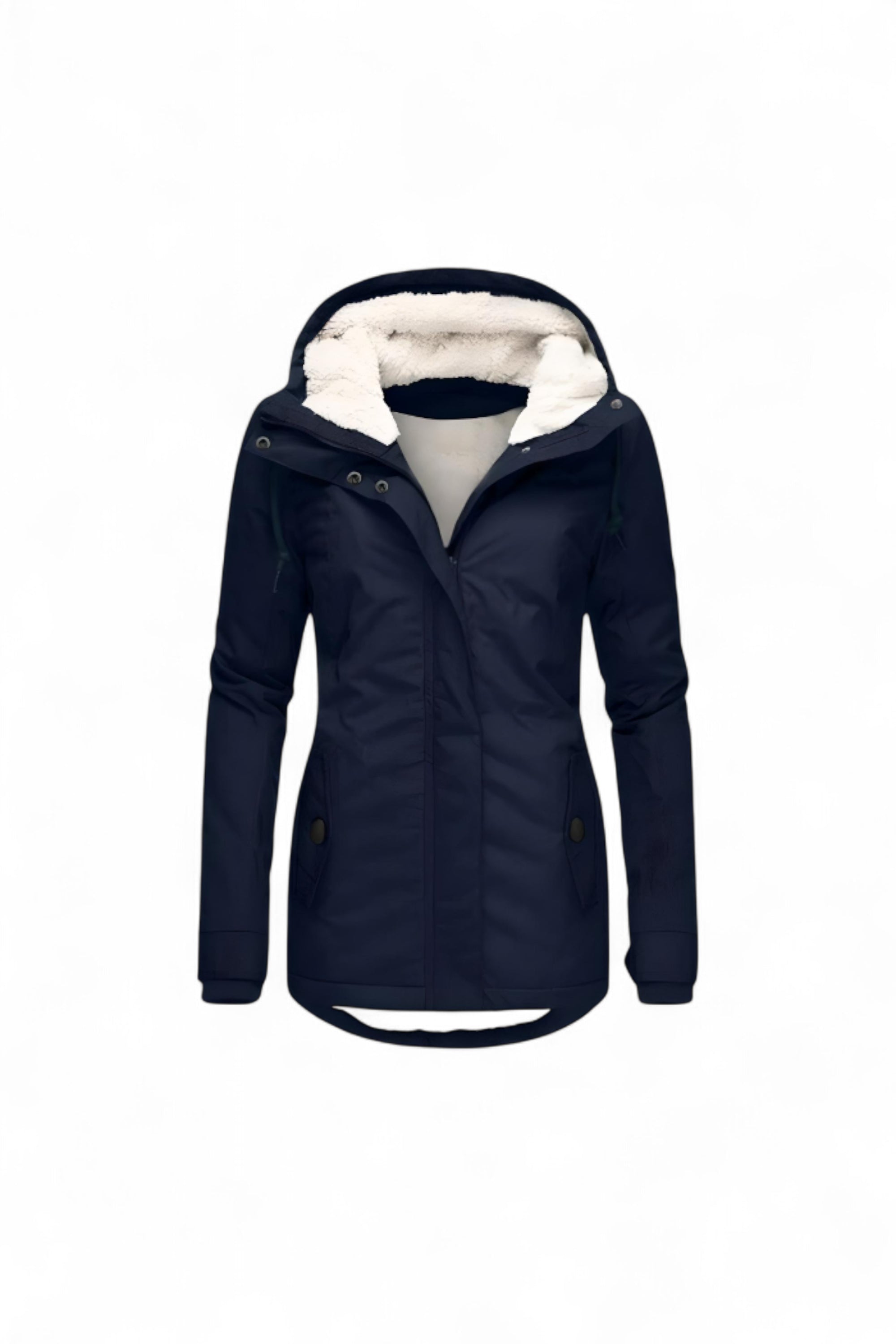 Navy blue jacket with white fur lining on a white background