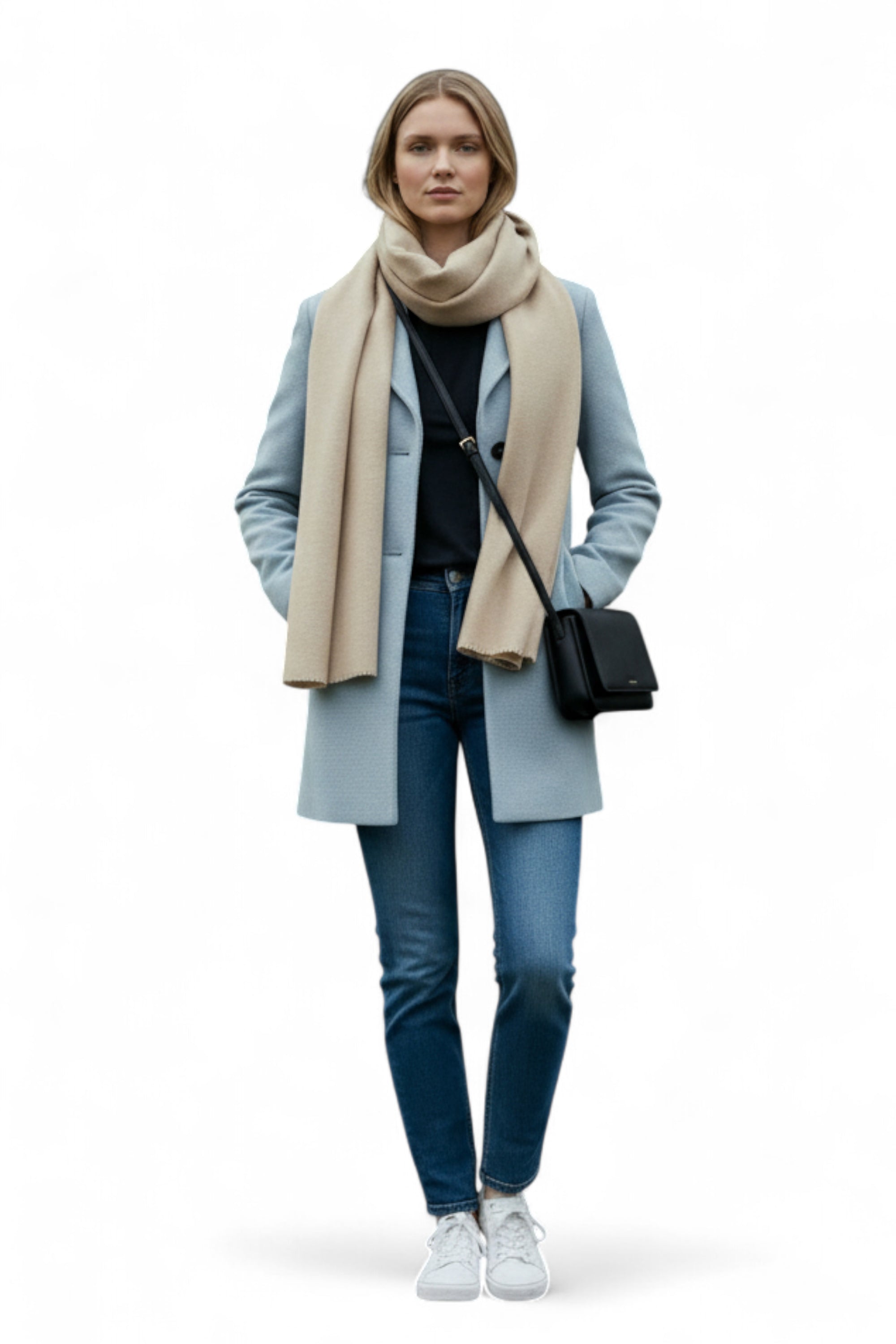 Woman wearing a light blue coat, beige scarf, and dark jeans on a white background